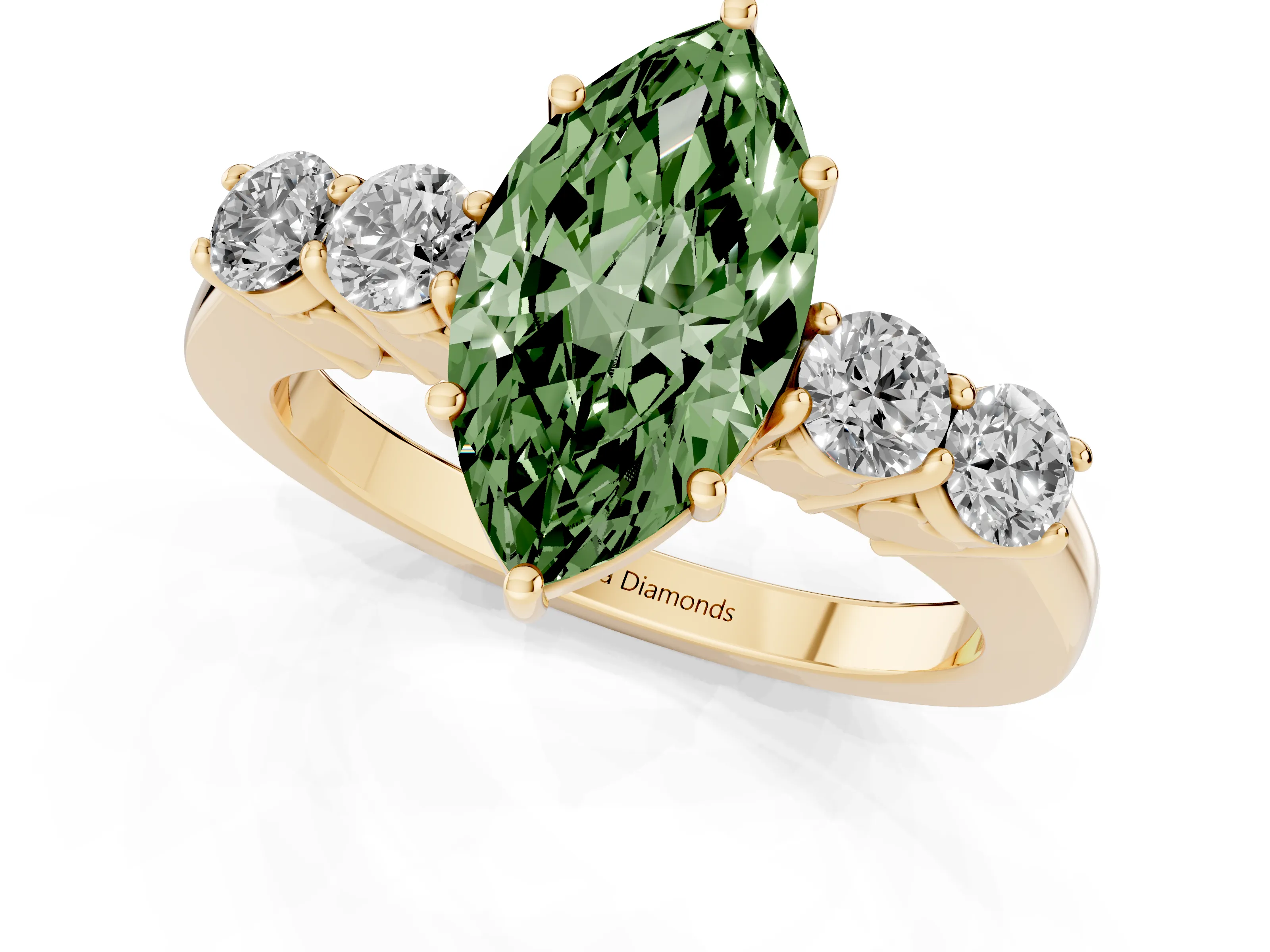 Fancy Green Marquise Cut Diamond Five-Stone Prong Set Band Ring Set in Yellow gold with Polished Band
