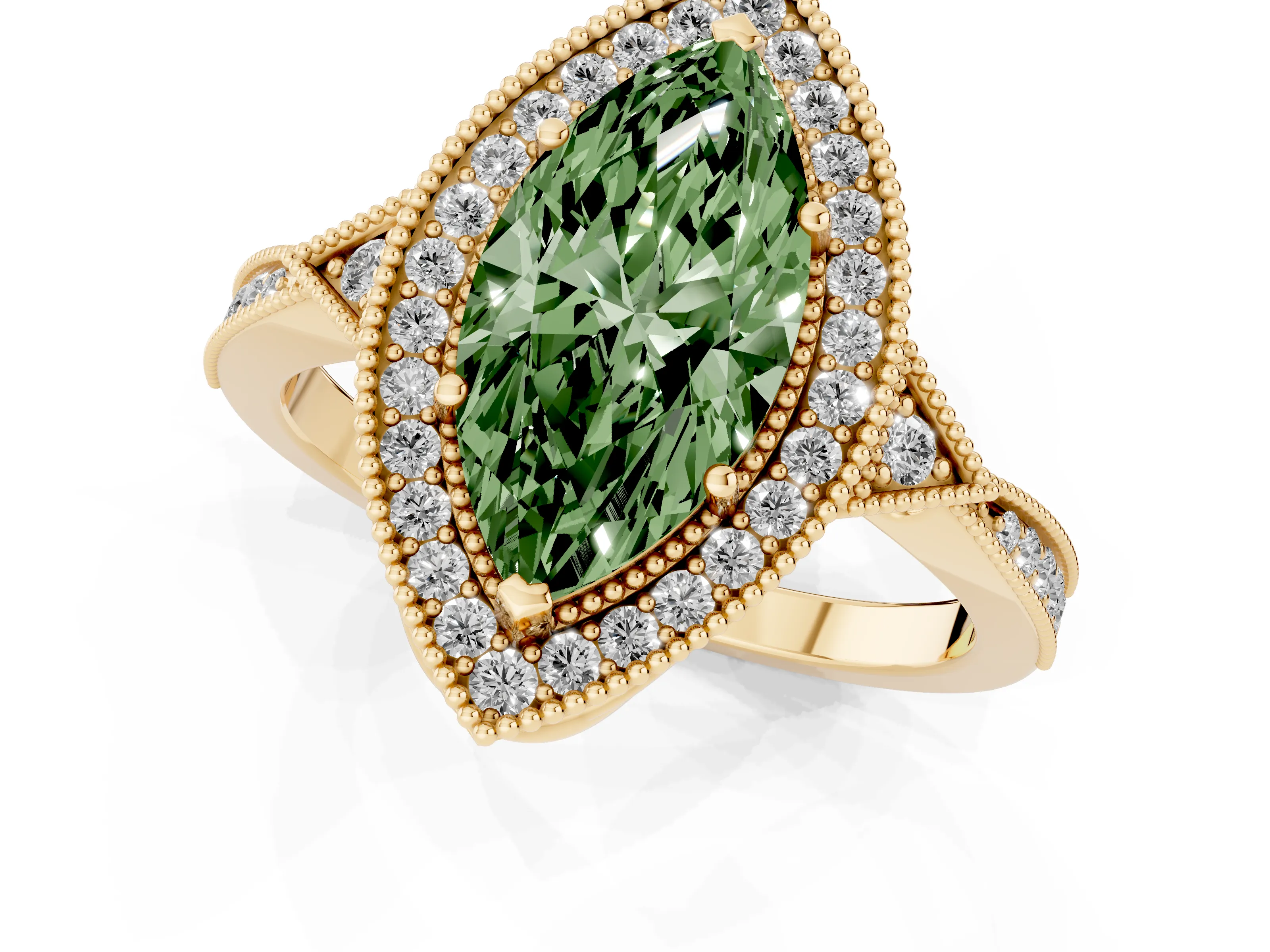 Fancy Green Marquise Cut Diamond Halo Engagement Ring Set in Yellow gold with Milgrain Pavé Band