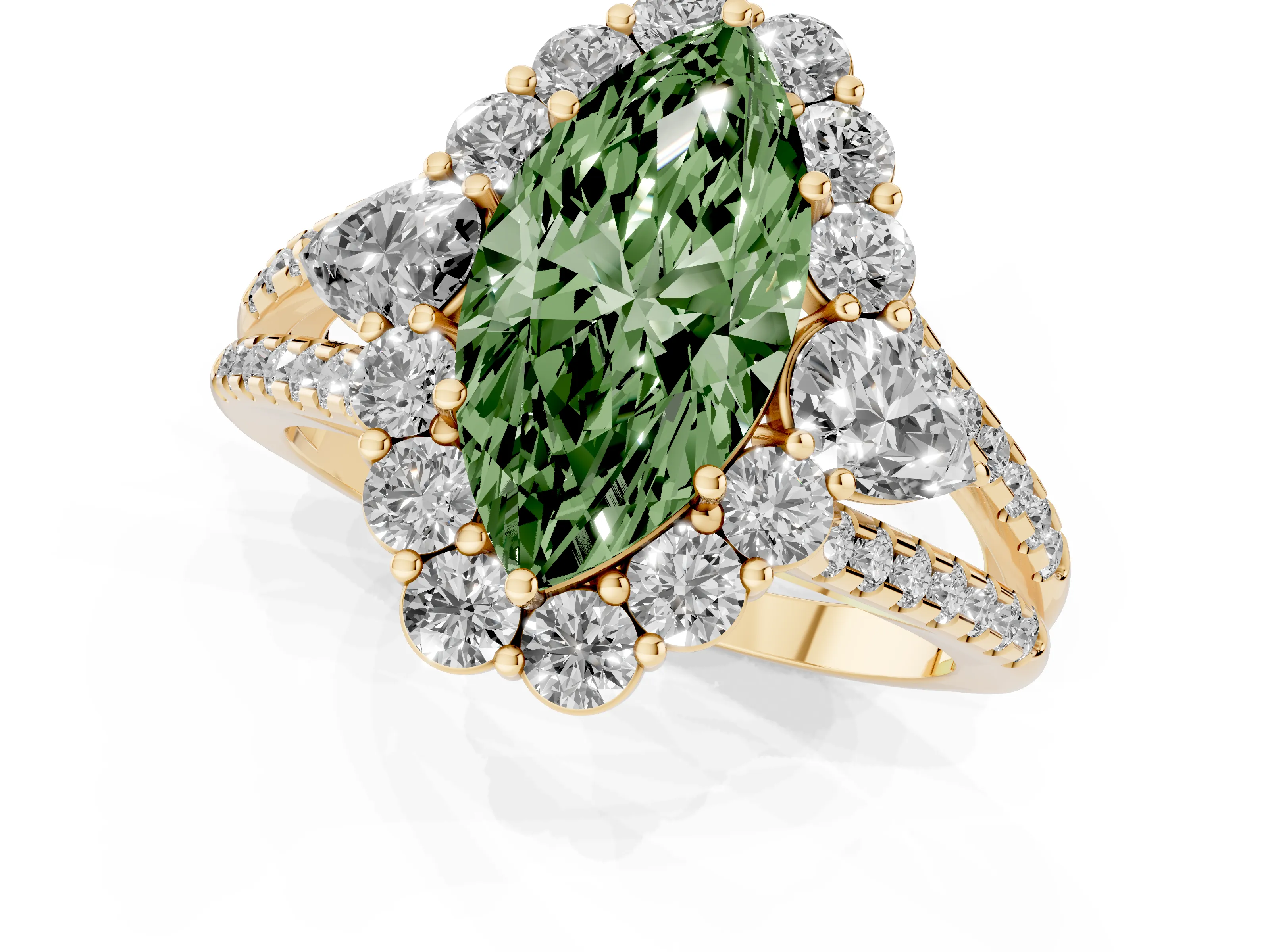 Fancy Green Marquise Cut Diamond Halo Split Shank Engagement Ring Set in Yellow gold with Prong-Held Center Stone