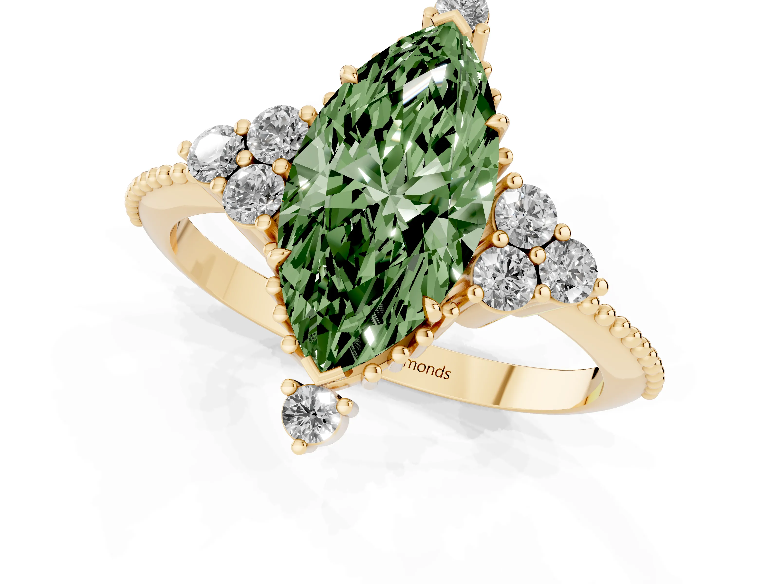 Fancy Green Marquise Cut Diamond Cluster Ring Set in Yellow gold with Beaded Band
