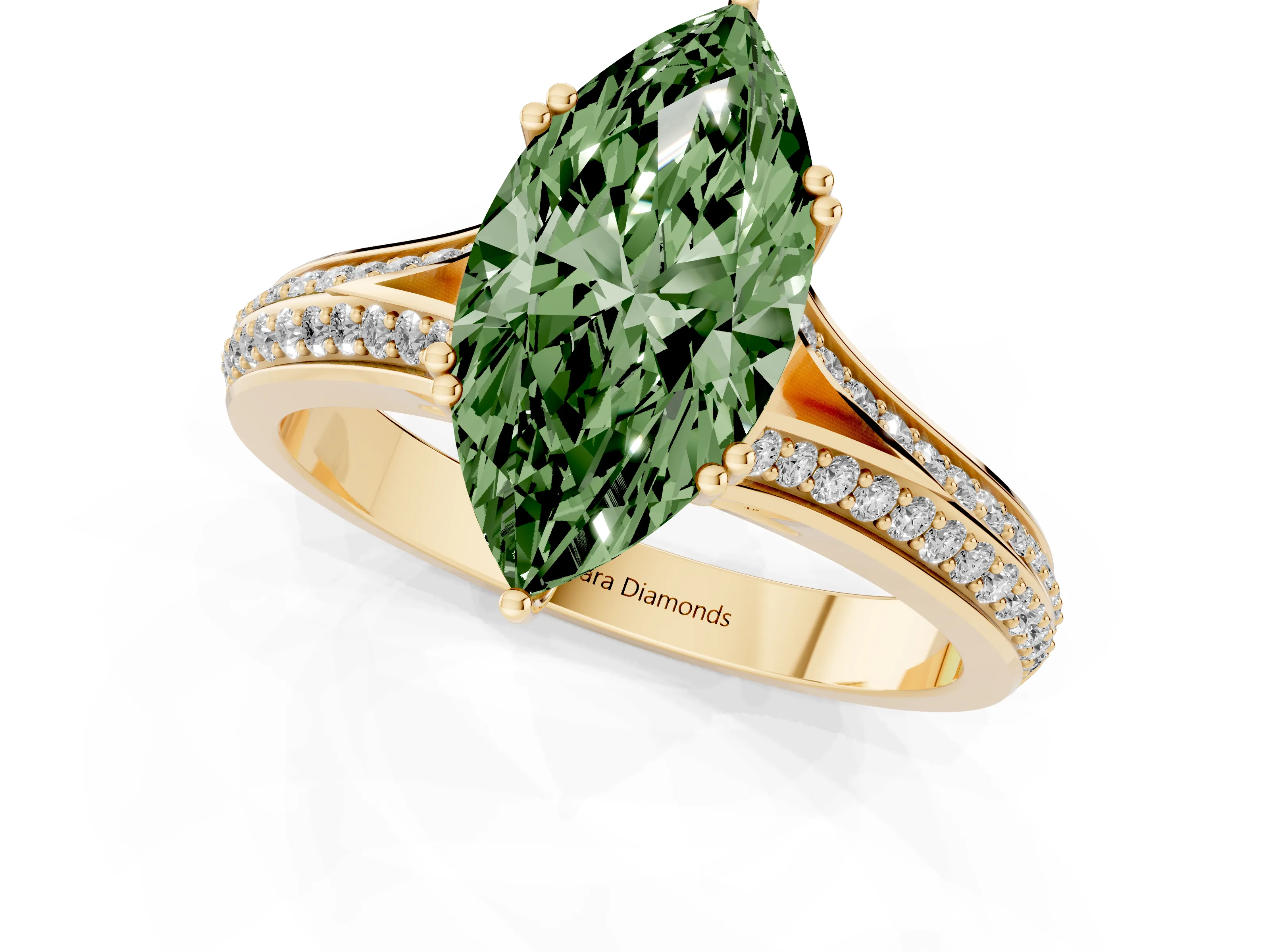 Fancy Green Marquise Cut Diamond Split Shank Pavé Engagement Ring Set in Yellow gold with Prong-Set Center Stone