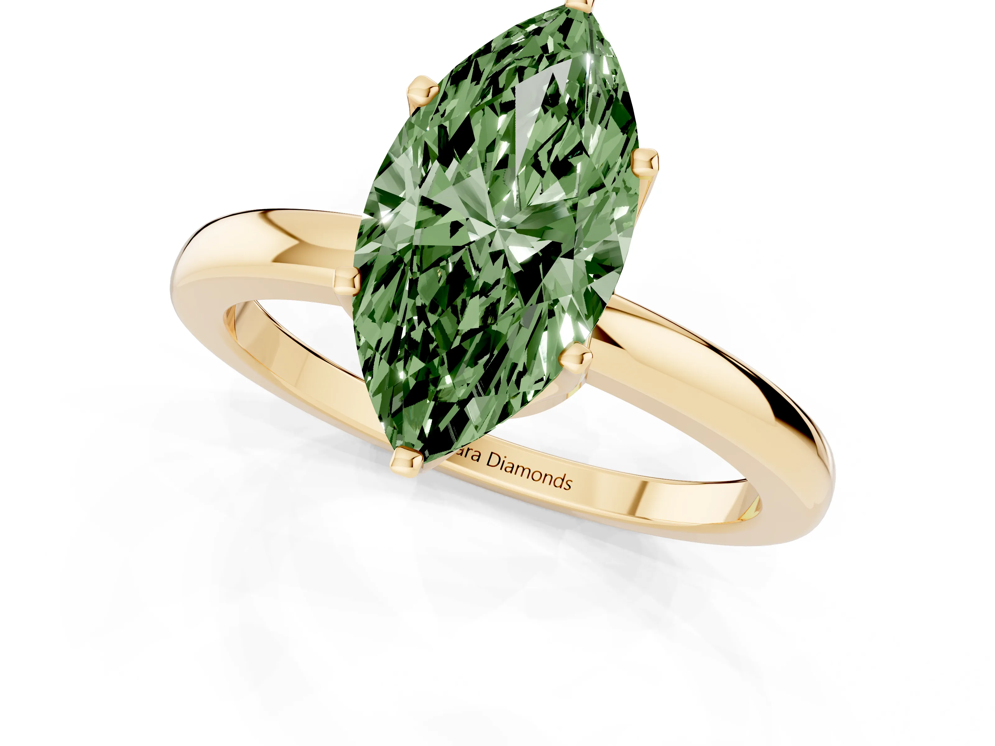 Fancy Green Marquise Cut Diamond Solitaire Ring Set in Yellow gold with Raised Prong Setting on a Classic Band