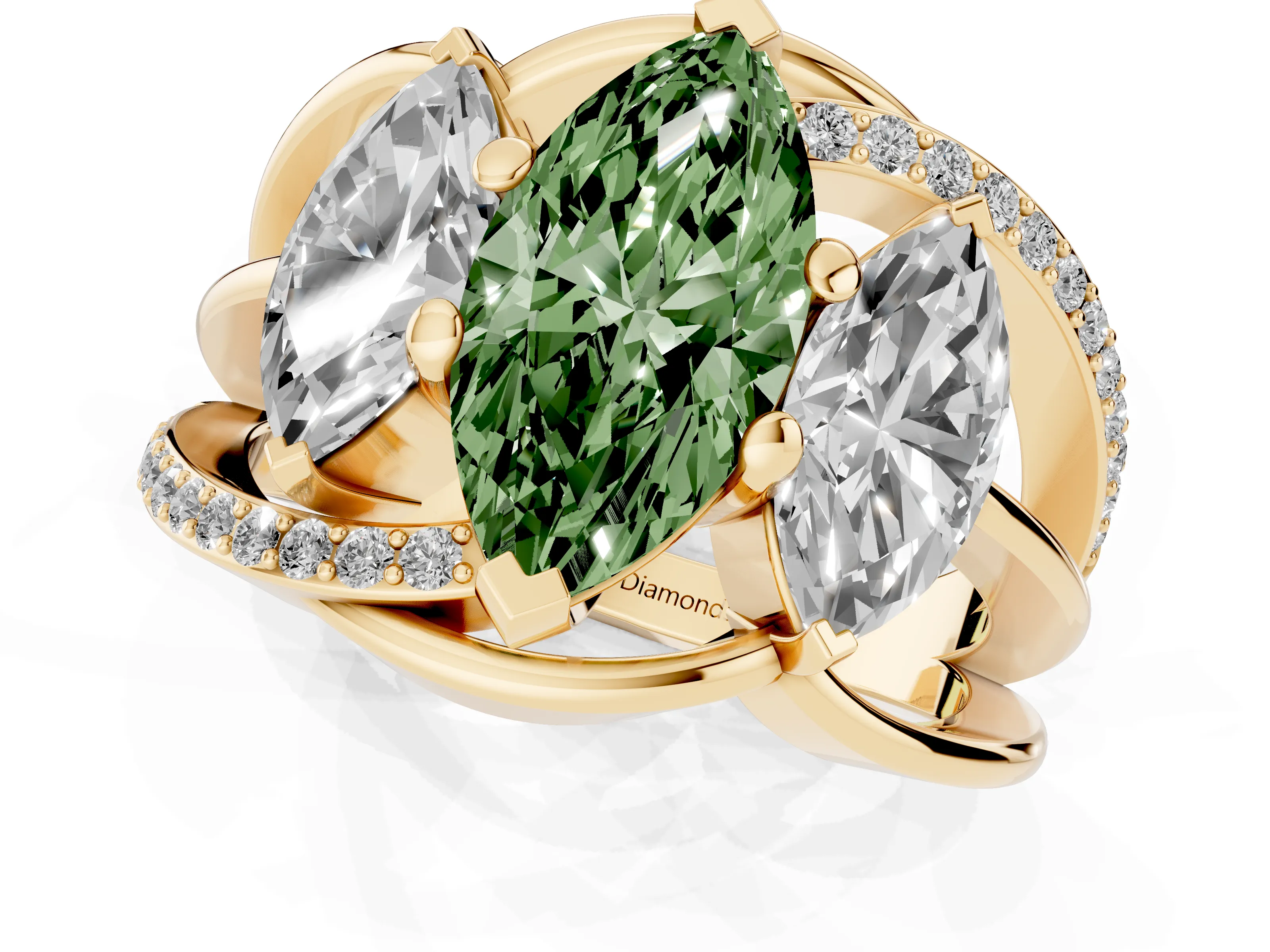Fancy Green Marquise Cut Diamond Three-Stone Ring Set in Yellow gold with Split Shank and Prong Setting