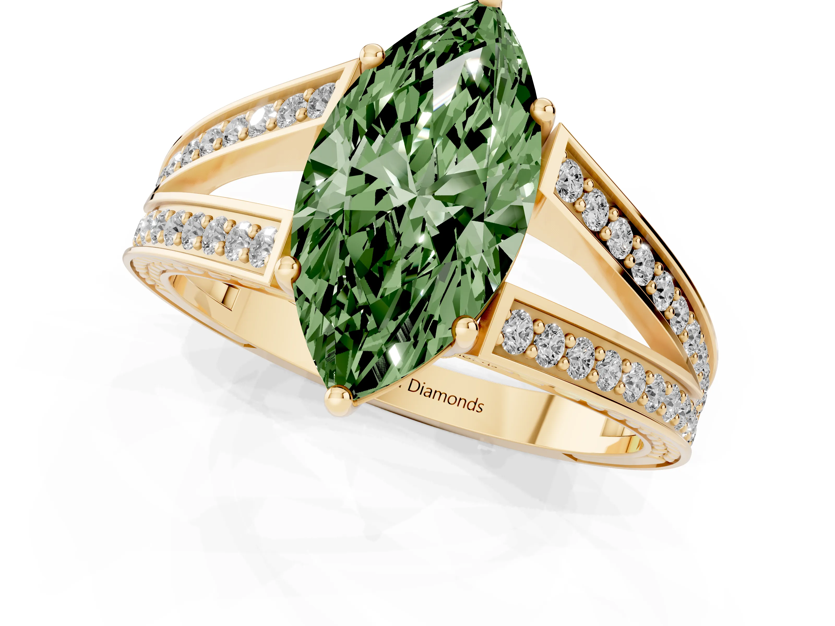 Fancy Green Marquise Cut Diamond Split Shank Ring Set in Yellow gold with Pavé Band and Prong Setting