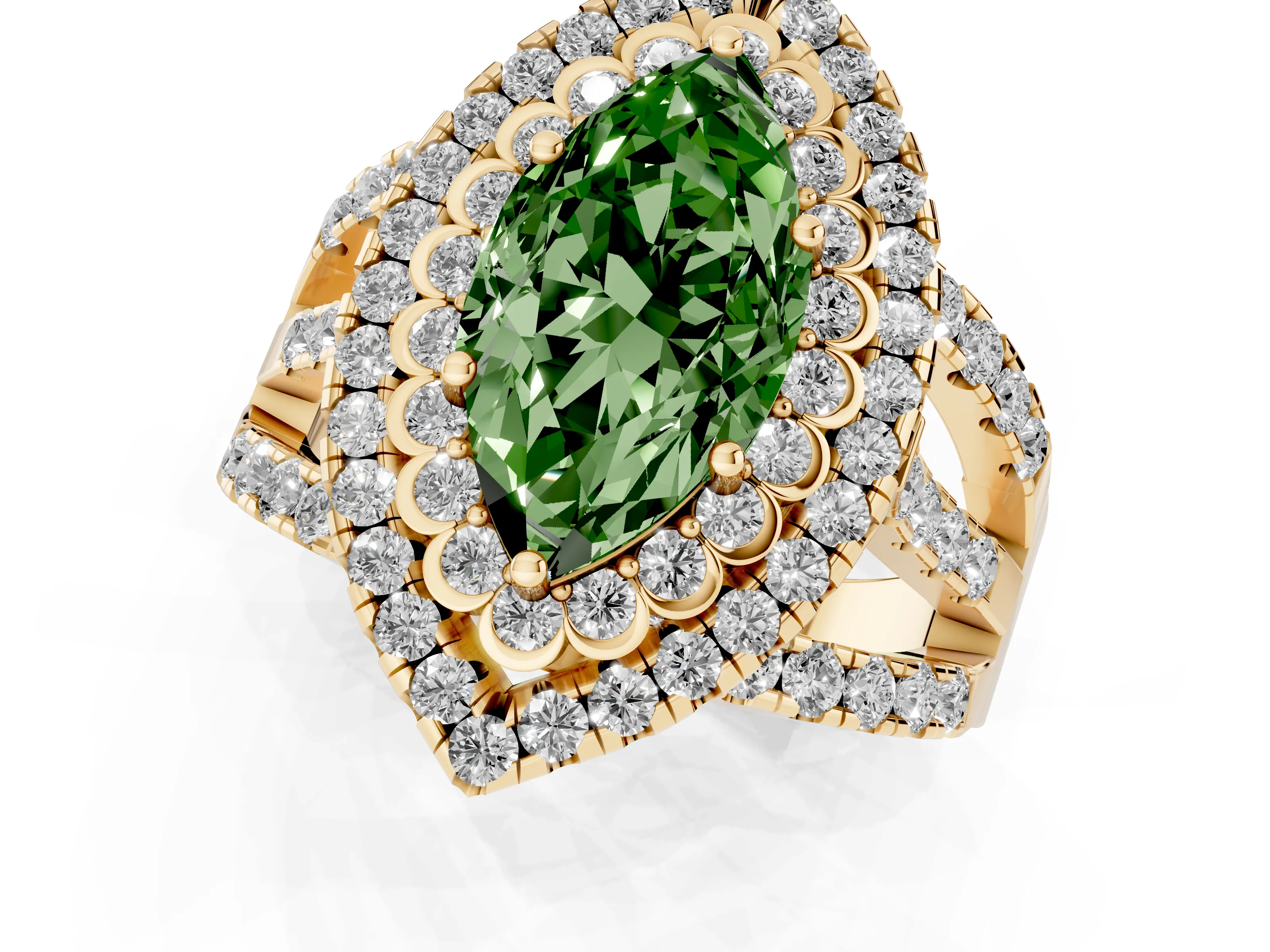 Fancy Green Marquise Cut Diamond Double Halo Ring Set in Yellow gold with Round Pavé Split Shank