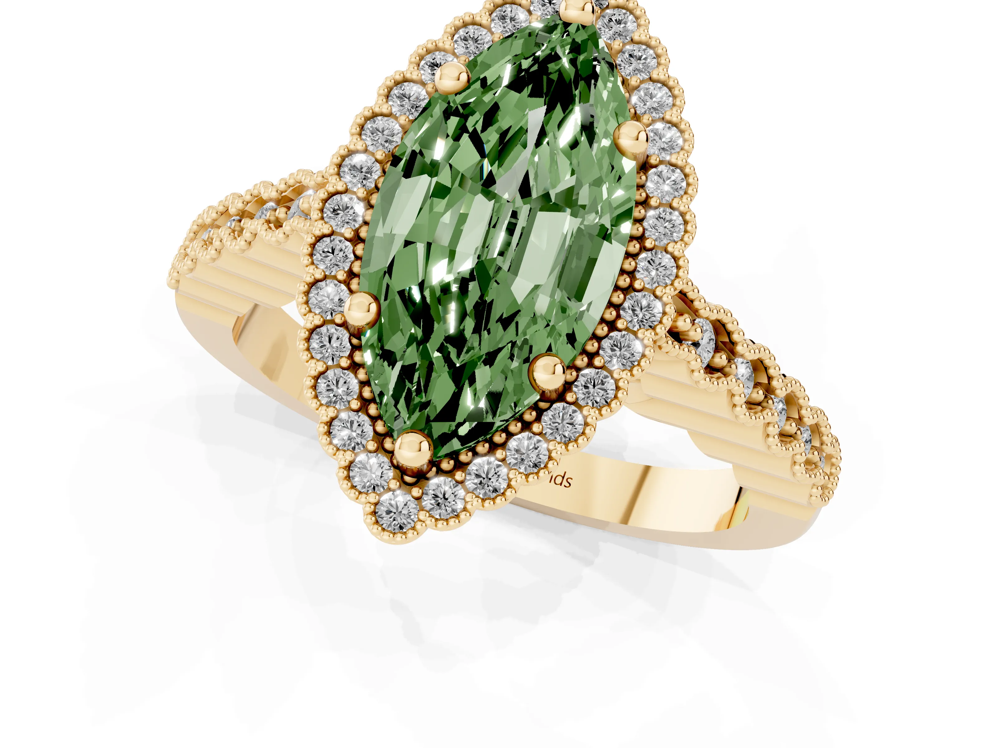 Fancy Green Marquise Cut Diamond Halo Ring Set in Yellow gold with Pavé Milgrain Band