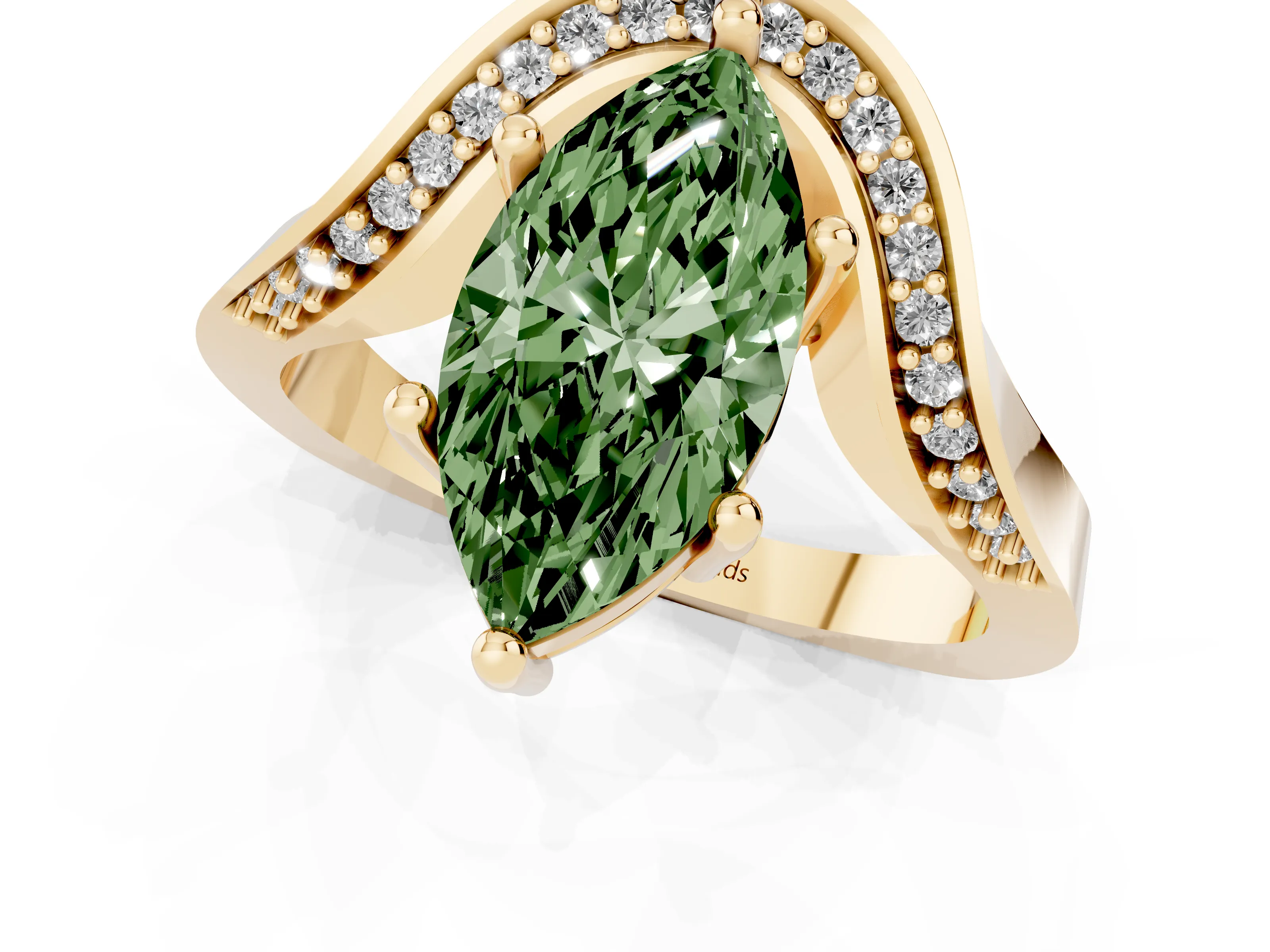 Fancy Green Marquise Cut Diamond Solitaire Engagement Ring Set in Yellow gold with Pavé Shoulders