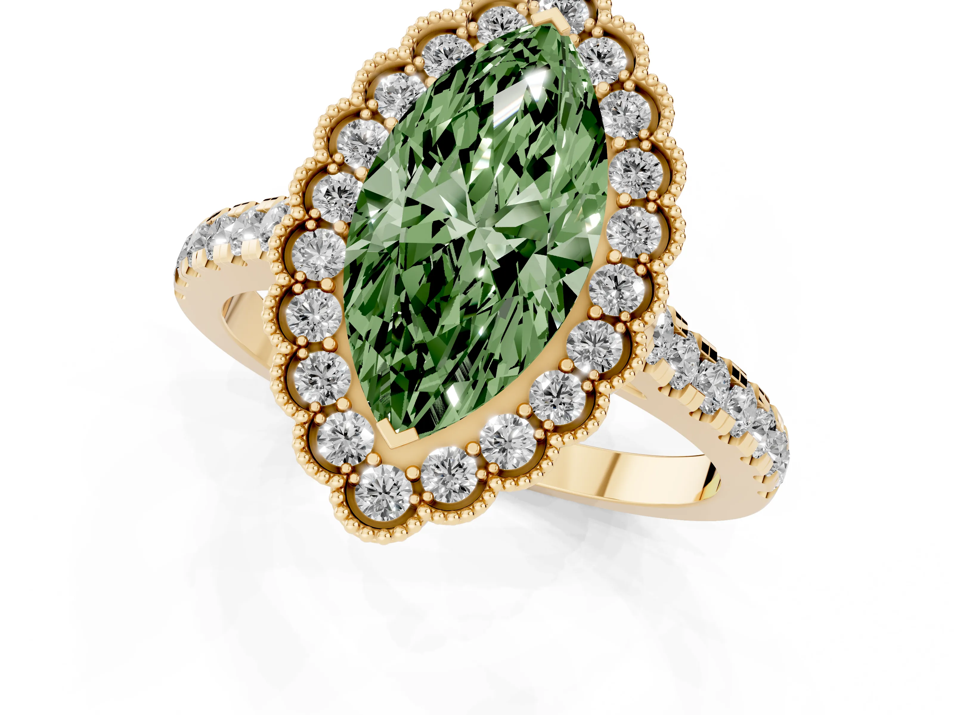 Fancy Green Marquise Cut Diamond Milgrain Floral Halo Engagement Ring Set in Yellow gold with Pavé Band