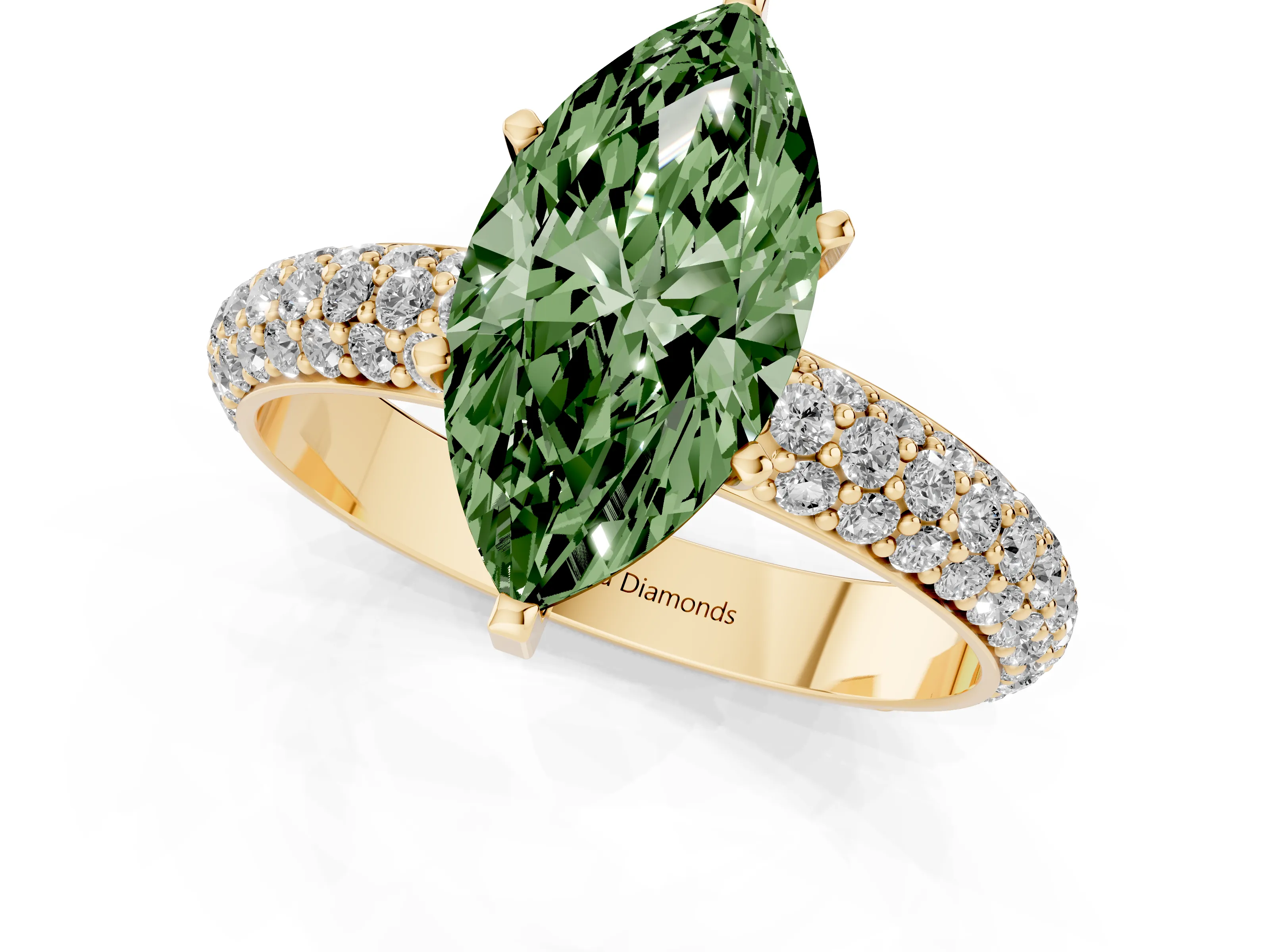 Fancy Green Marquise Cut Diamond Solitaire Ring Set in Yellow gold with Prong Setting and Pavé-Set Band