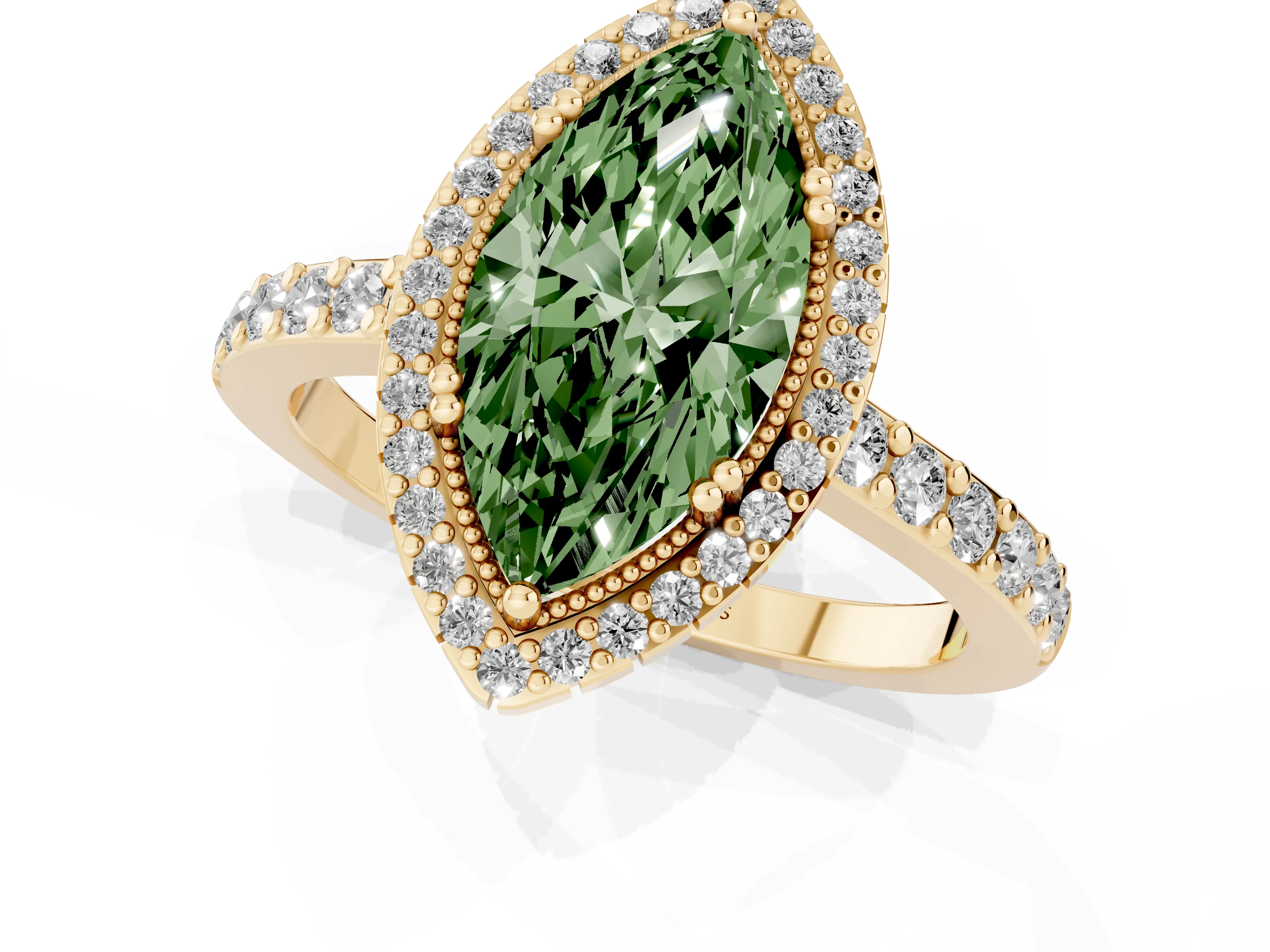 Fancy Green Marquise Cut Diamond Halo Engagement Ring Set in Yellow gold with Milgrain Detail and Pavé Band