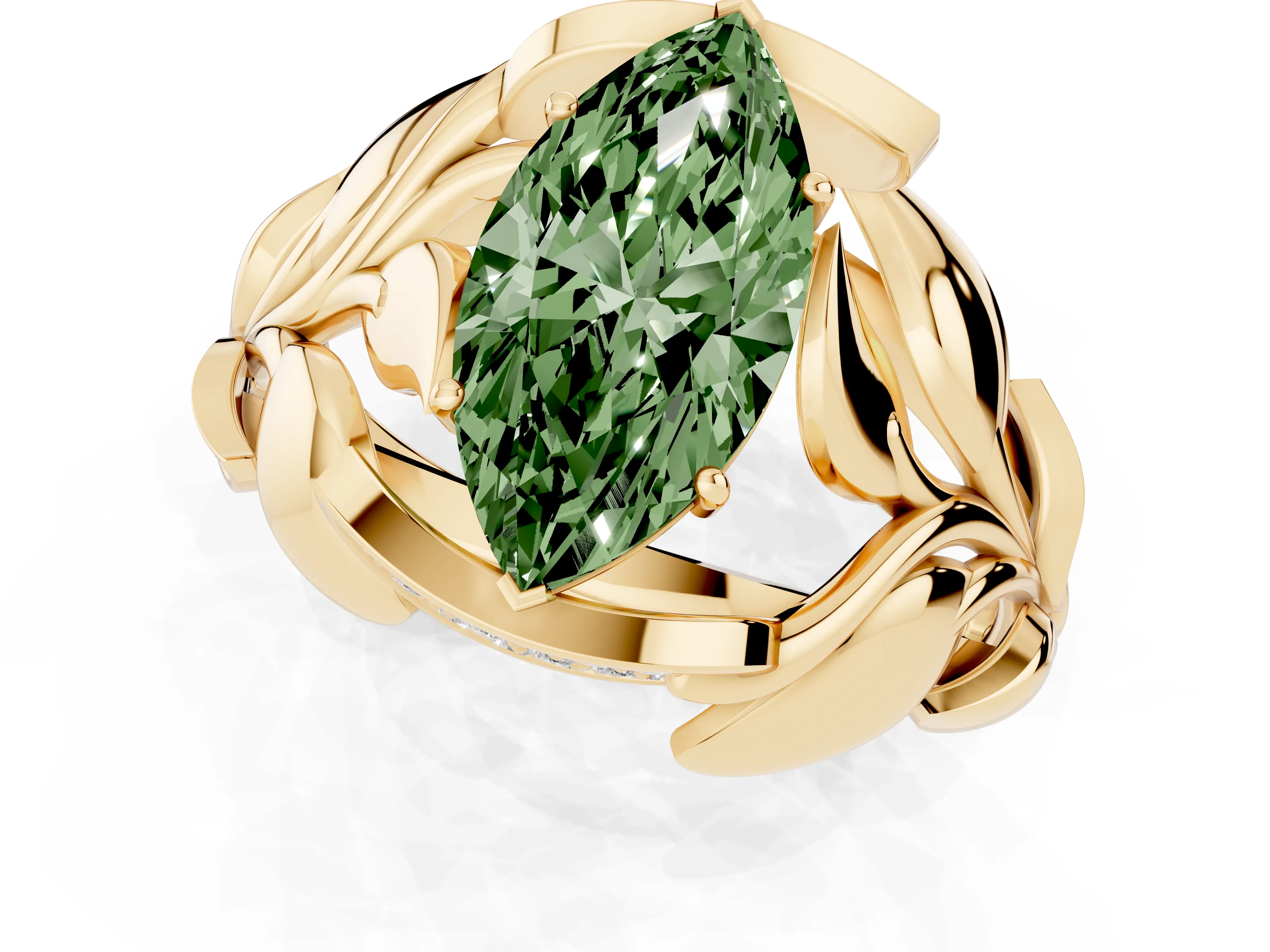 Fancy Green Marquise Cut Diamond Leaf-Inspired Engagement Ring Set in Yellow gold with Round Accents