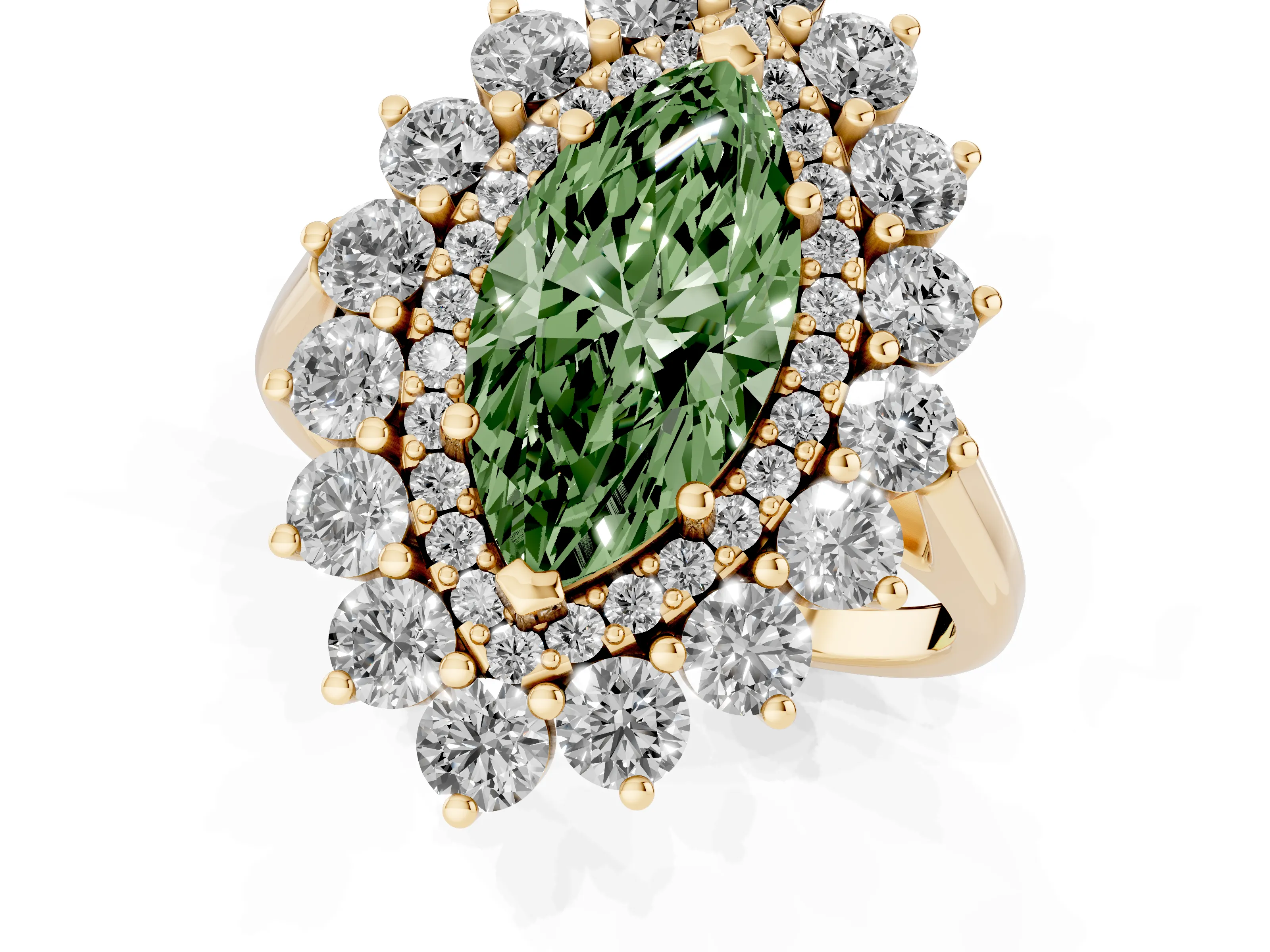 Fancy Green Marquise Cut Diamond Floral Double Halo Ring Set in Yellow gold with Round Petals