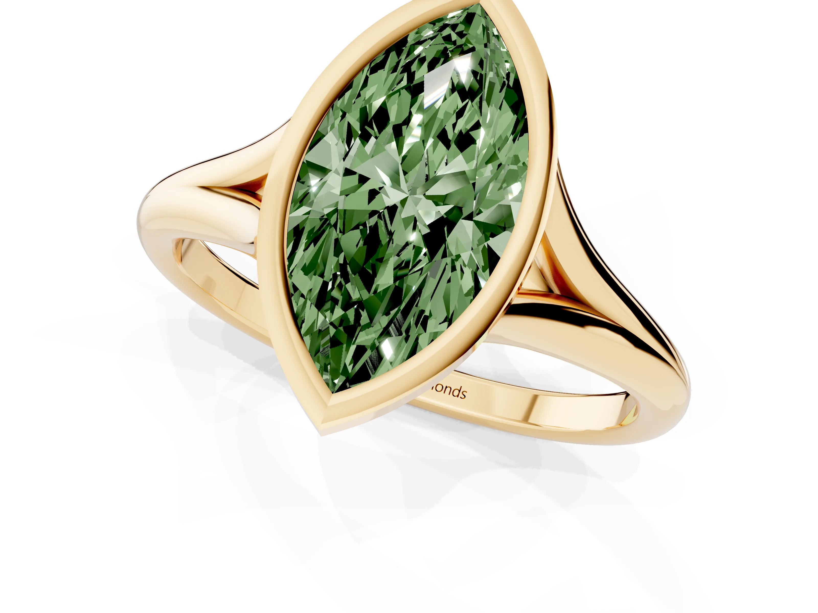 Fancy Green Bezel Set Marquise Cut Diamond Solitaire Ring Set in Yellow gold with Tapered Band