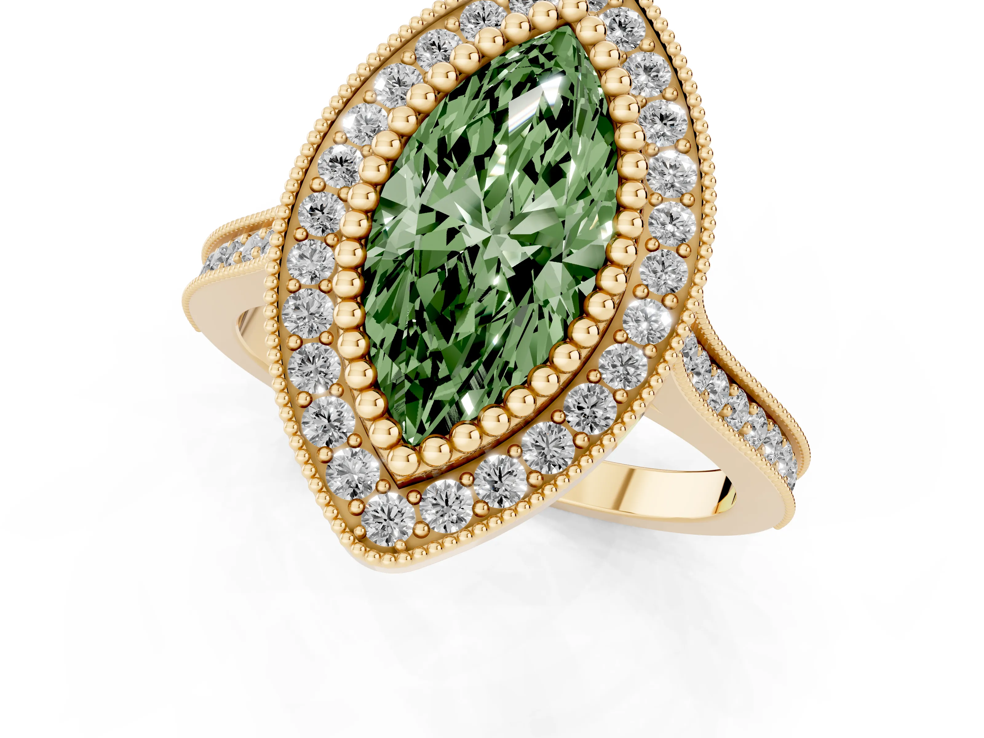 Fancy Green Marquise Cut Diamond Halo Ring Set in Yellow gold with Milgrain Frame and Pavé Band