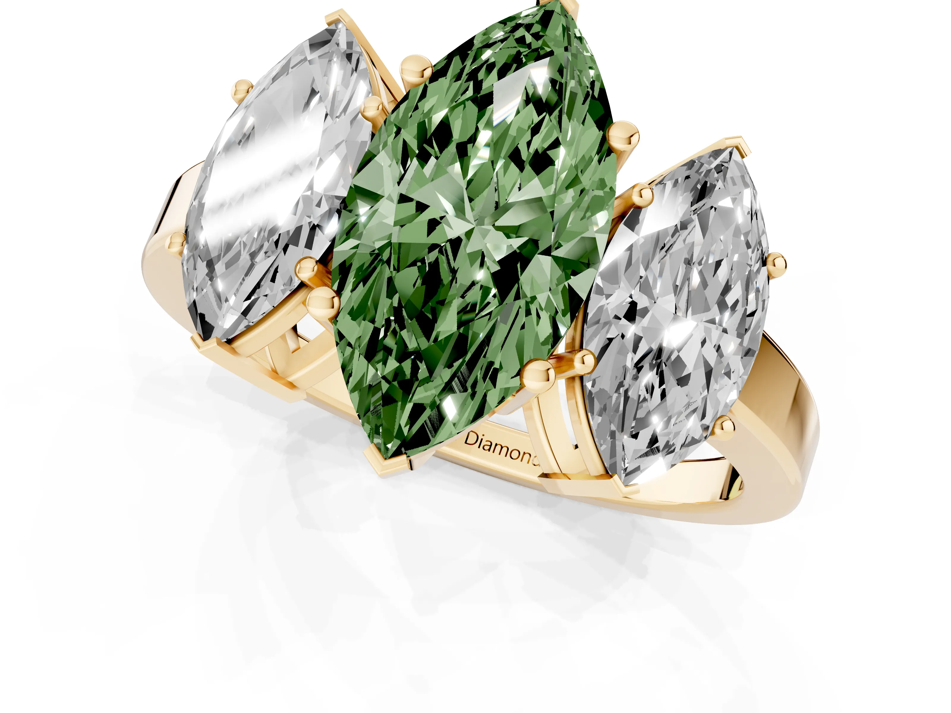 Fancy Green Marquise Cut Diamond Three-Stone Engagement Ring Set in Yellow gold with Flat Band