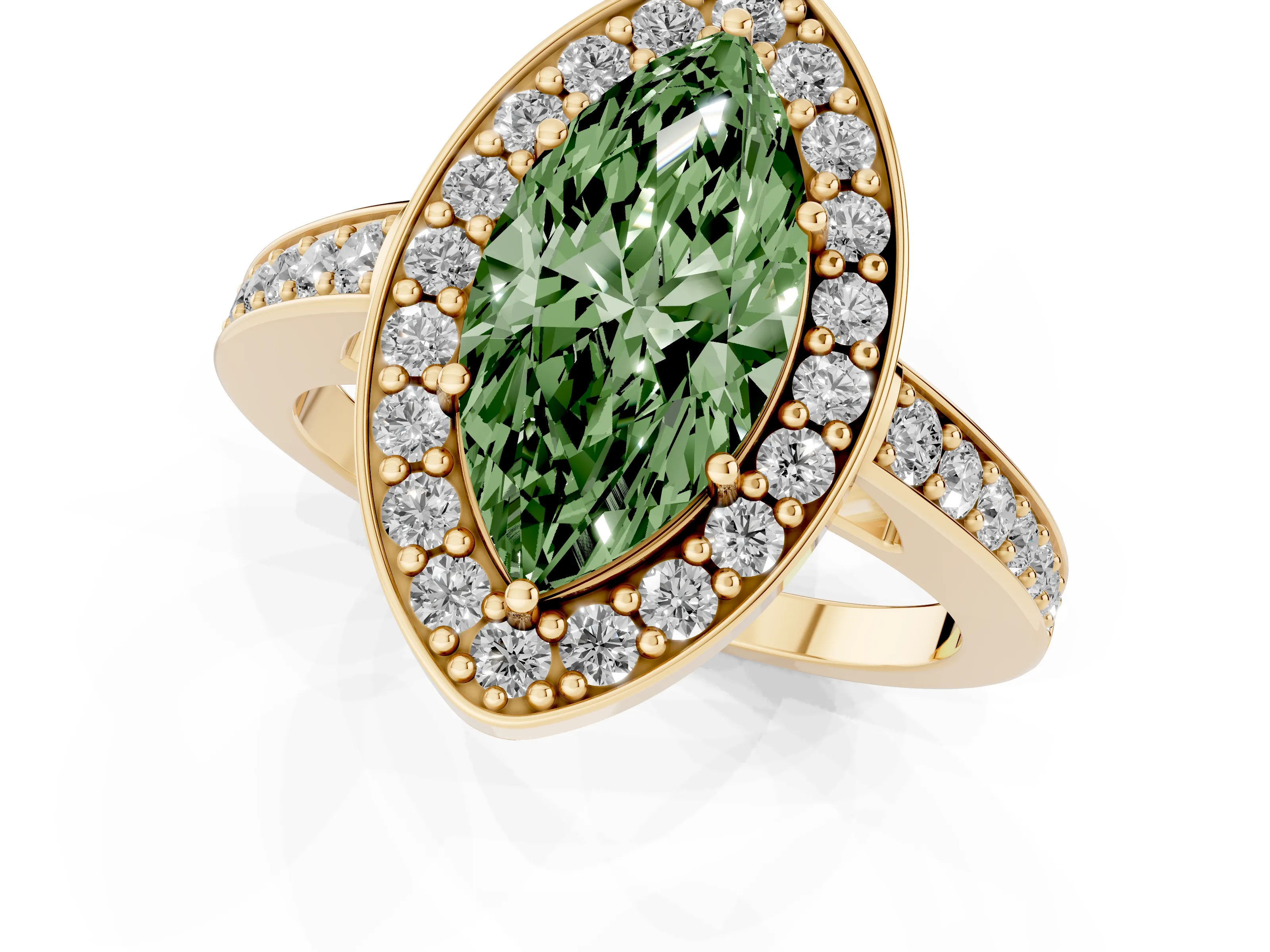 Fancy Green Marquise Cut Diamond Halo Pavé Engagement Ring Set in Yellow gold with Bezel Setting