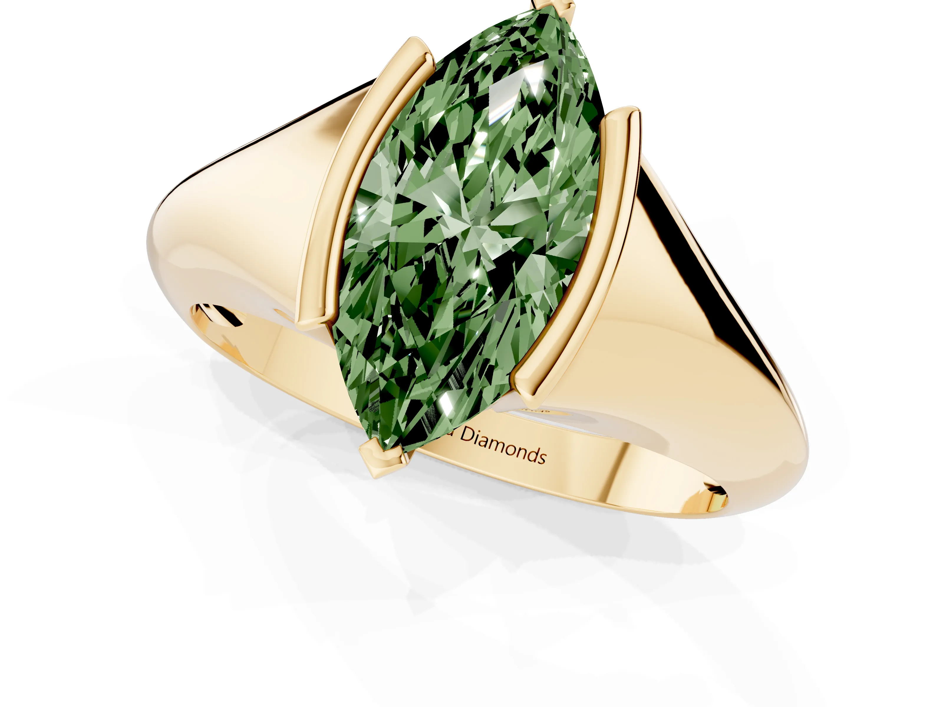 Fancy Green Marquise Cut Diamond Solitaire Tension Set Ring Set in Yellow gold