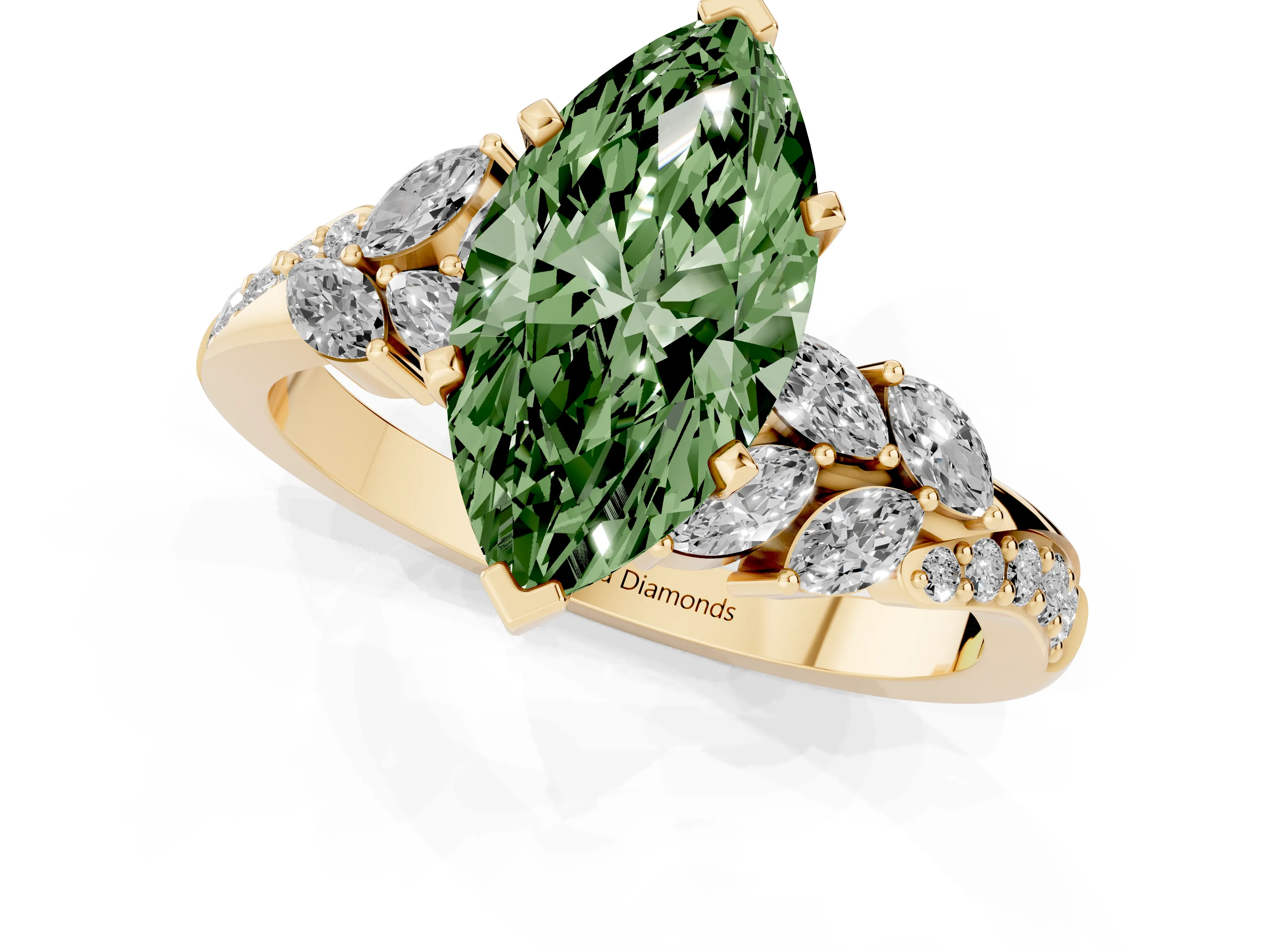 Fancy Green Marquise Cut Diamond Solitaire Ring Set in Yellow gold with Marquise Twist Band and Prong Setting