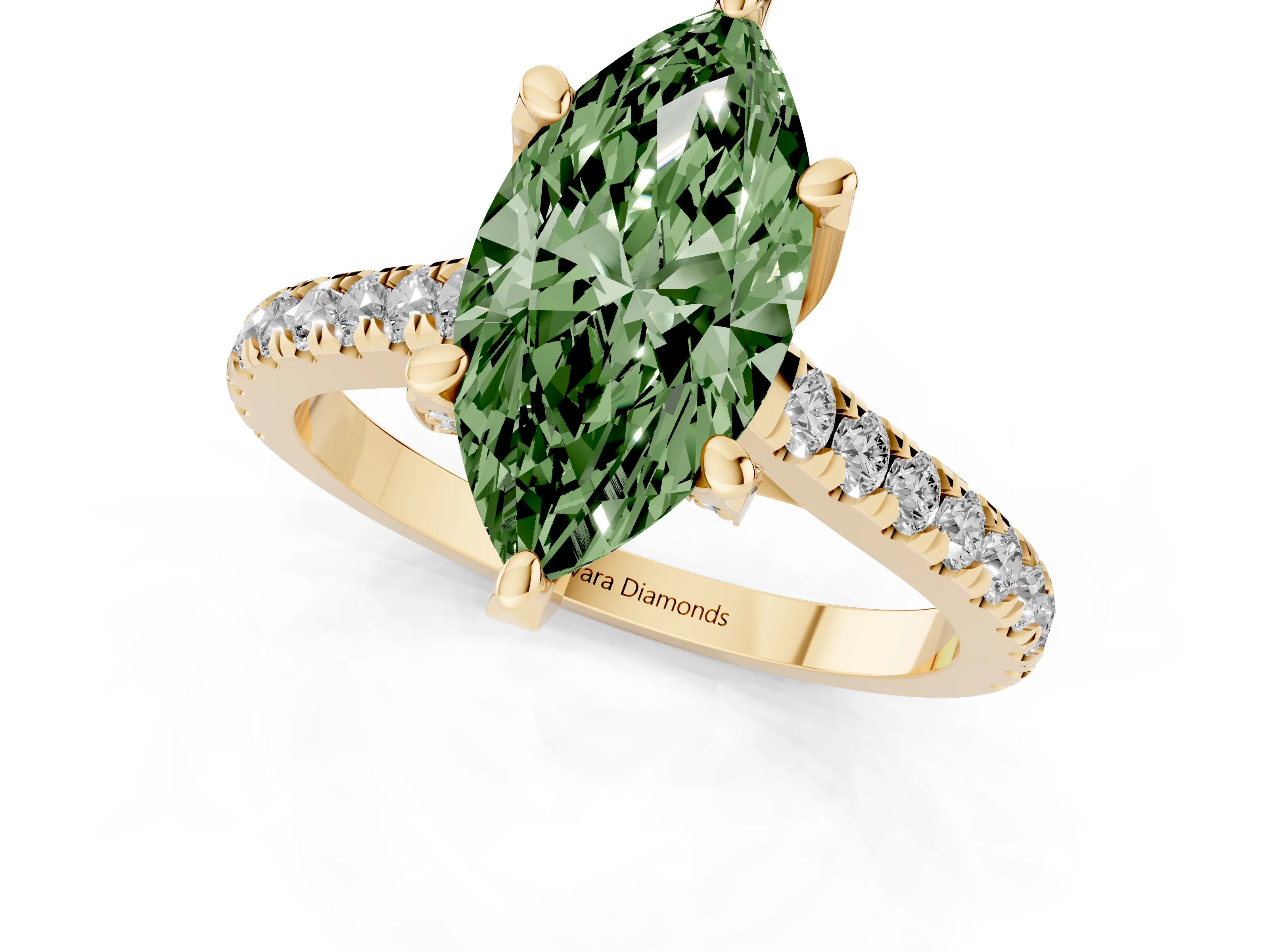 Fancy Green Marquise Cut Diamond Solitaire Ring Set in Yellow gold with Brilliant Pavé Band and Prong Setting