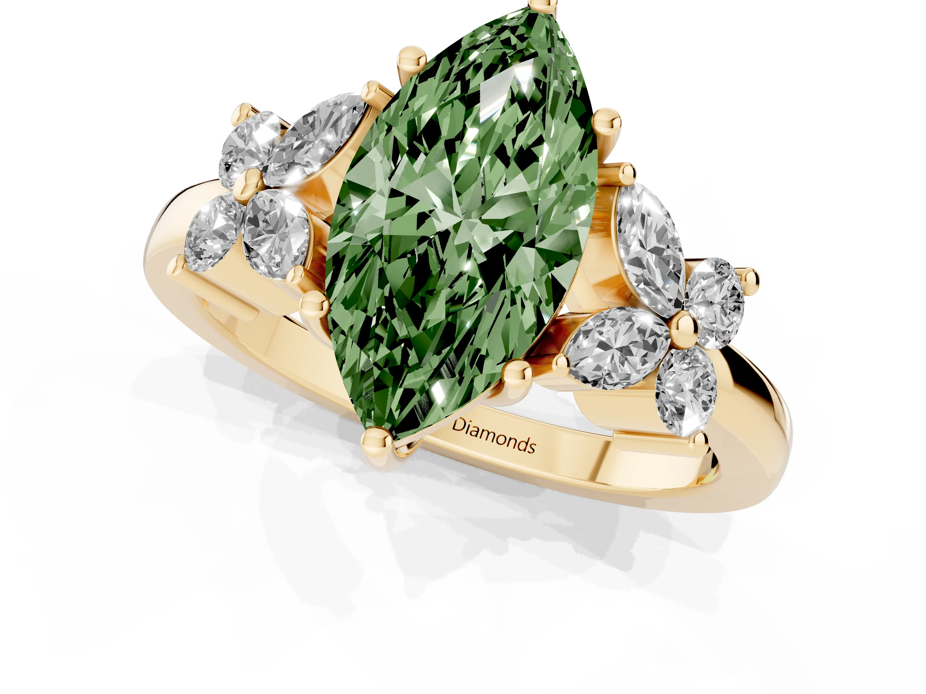 Fancy Green Marquise Cut Diamond Floral Cluster Ring Set in Yellow gold with Marquise Petals and Prong Setting