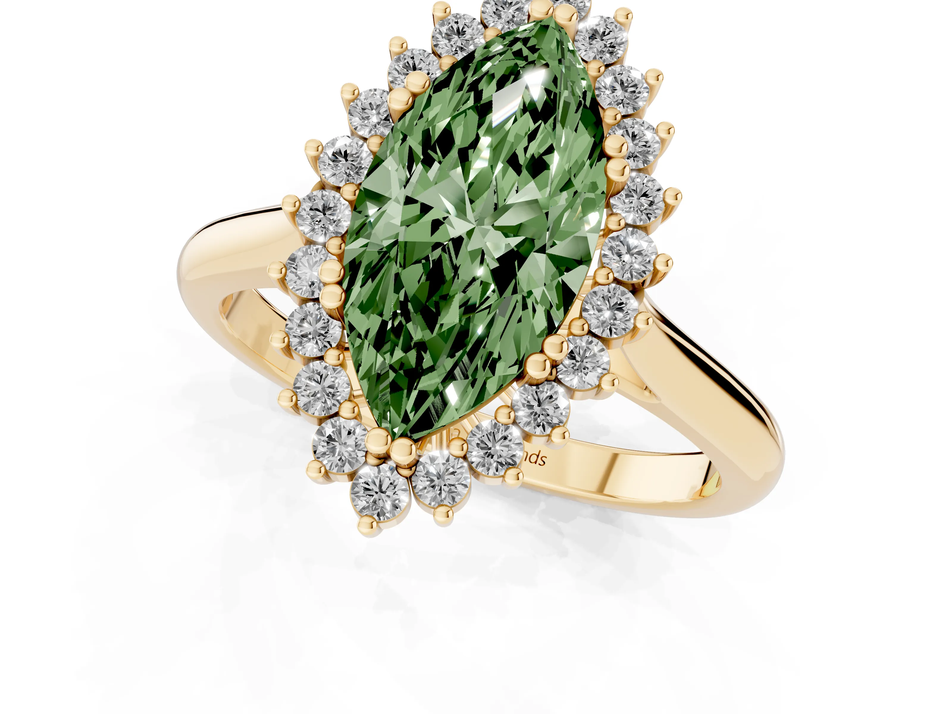 Fancy Green Marquise Cut Diamond Halo Ring Set in Yellow gold with Plain Solitaire Band and Prong Setting