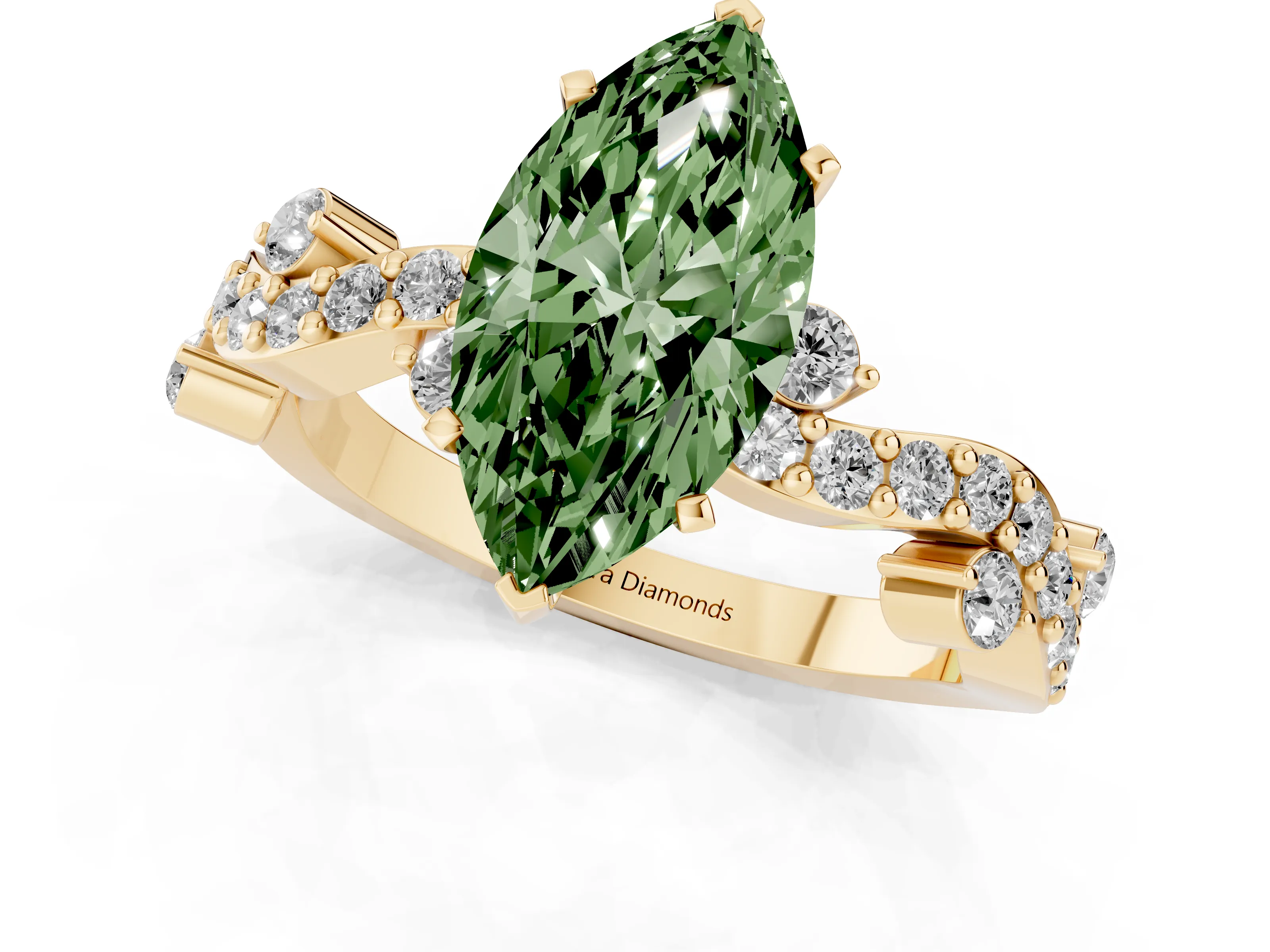 Fancy Green Marquise Cut Diamond Solitaire Twisted Band Set in Yellow gold with Pavé Setting