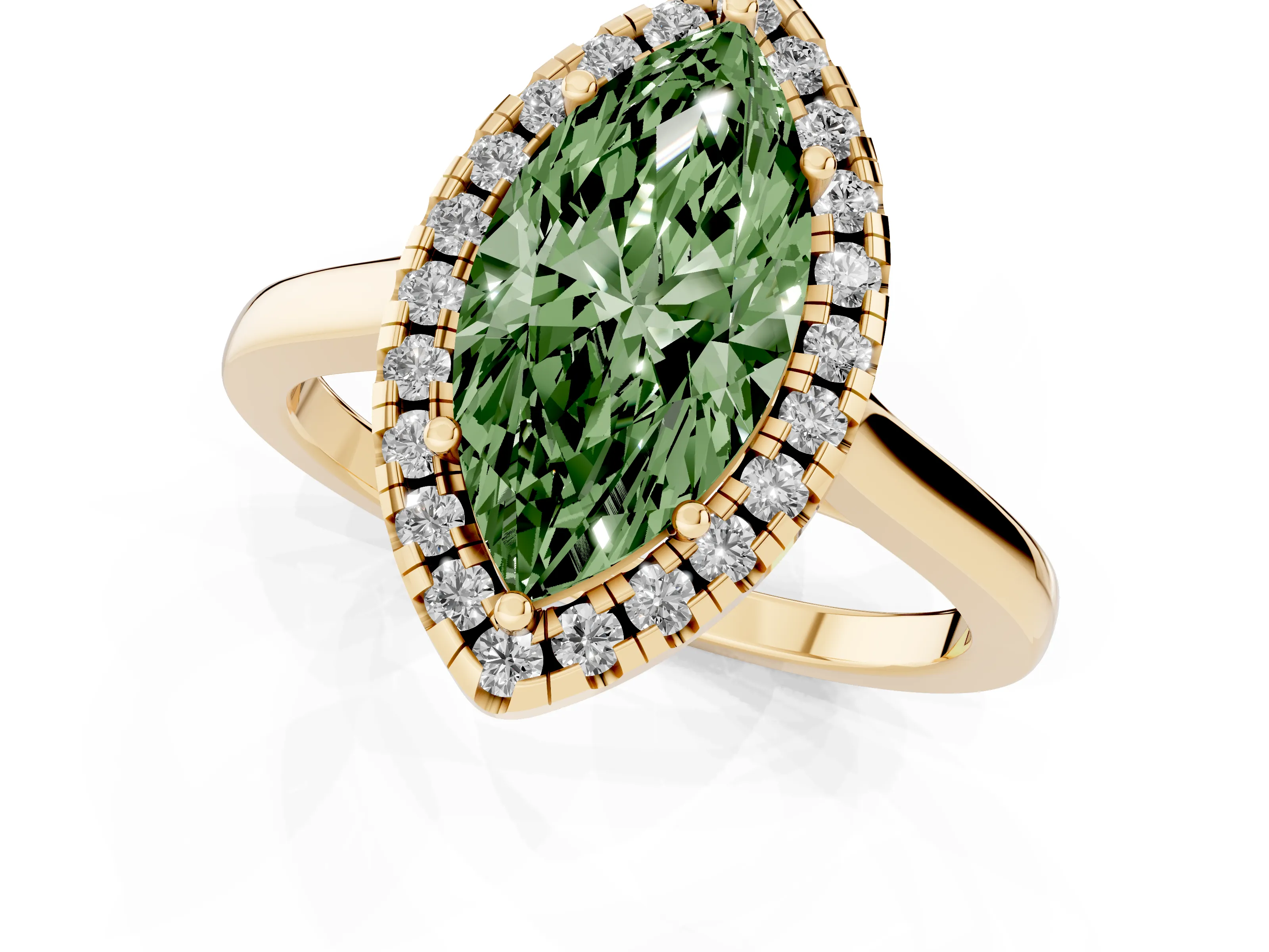 Fancy Green Marquise Cut Halo Round Diamond Solitaire Ring Set in Yellow gold with Pavé Band and Prong Setting