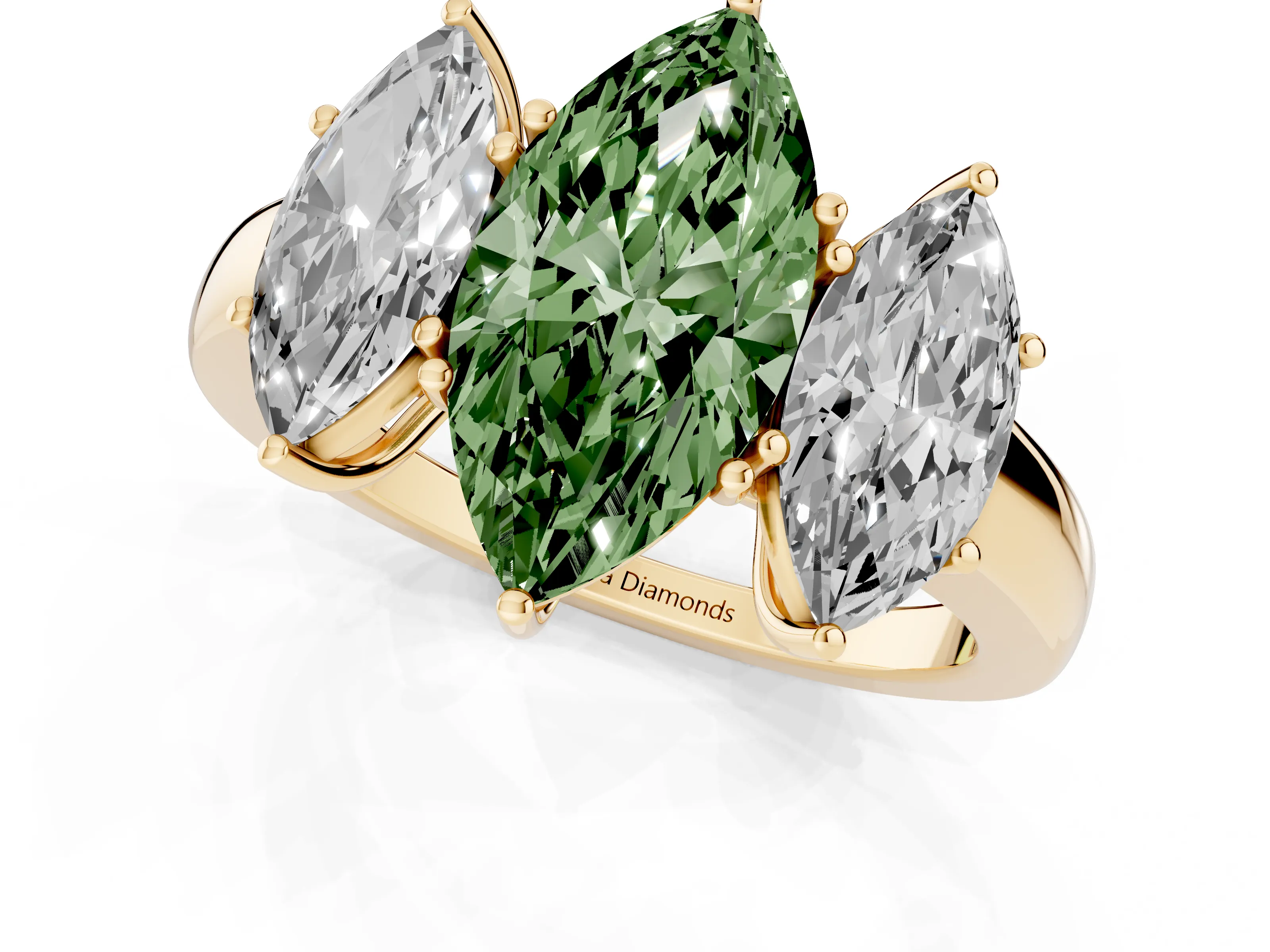 Fancy Green Marquise Cut Diamond Three-Stone Ring Set in Yellow gold with Bold Center and Classic Band