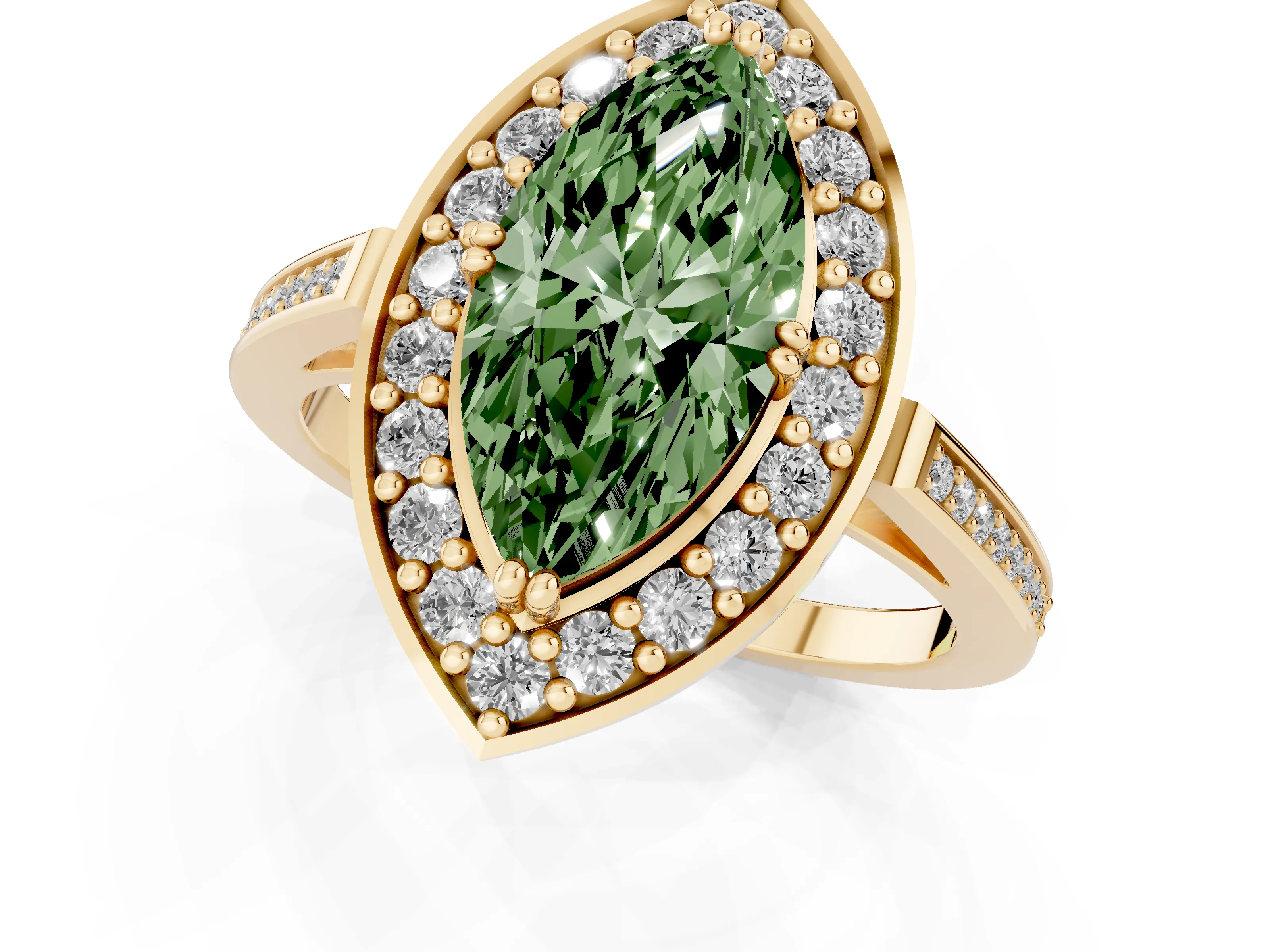 Fancy Green Marquise Cut Diamond Halo Ring Set in Yellow gold with Accent-Lined Split Shank and Prong Setting