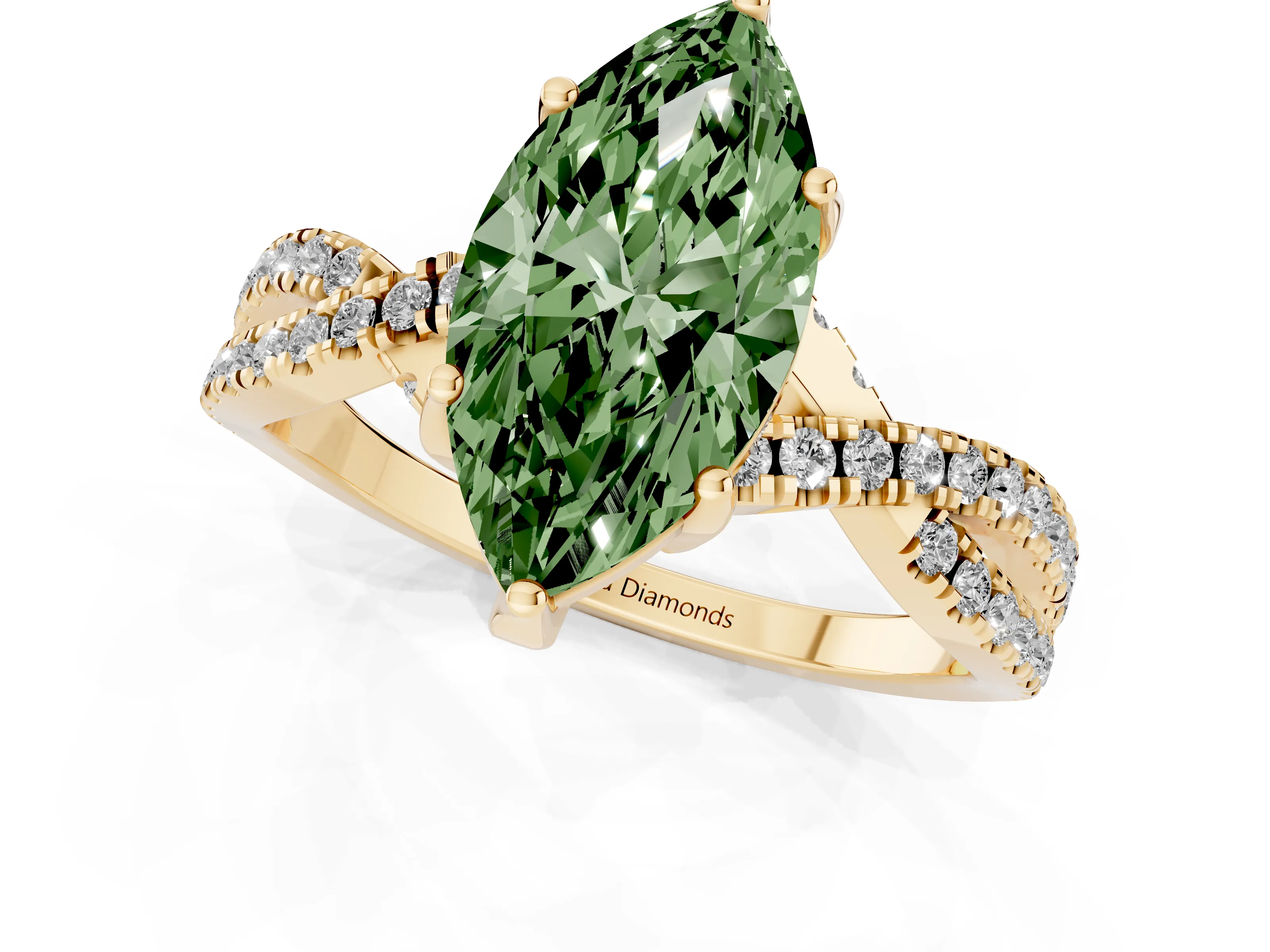 Fancy Green Marquise Cut Diamond Twist Pavé Solitaire Engagement Ring Set in Yellow gold with Prong Setting