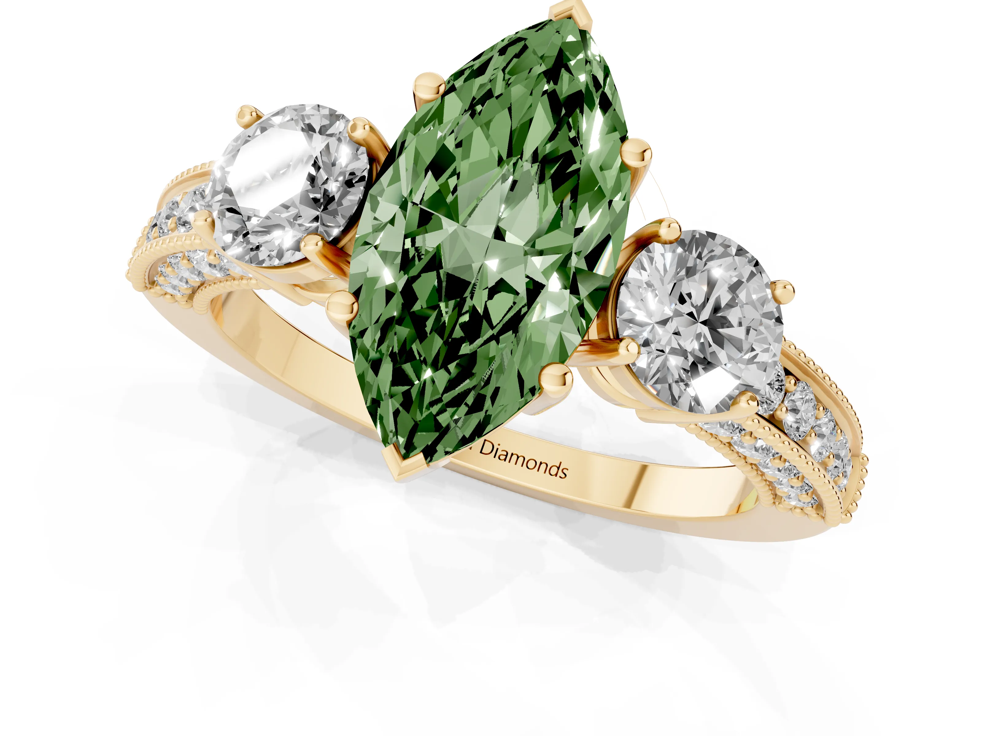 Fancy Green Marquise Cut Diamond Three-Stone Ring Set in Yellow gold with Round Side Stones and Pavé Band