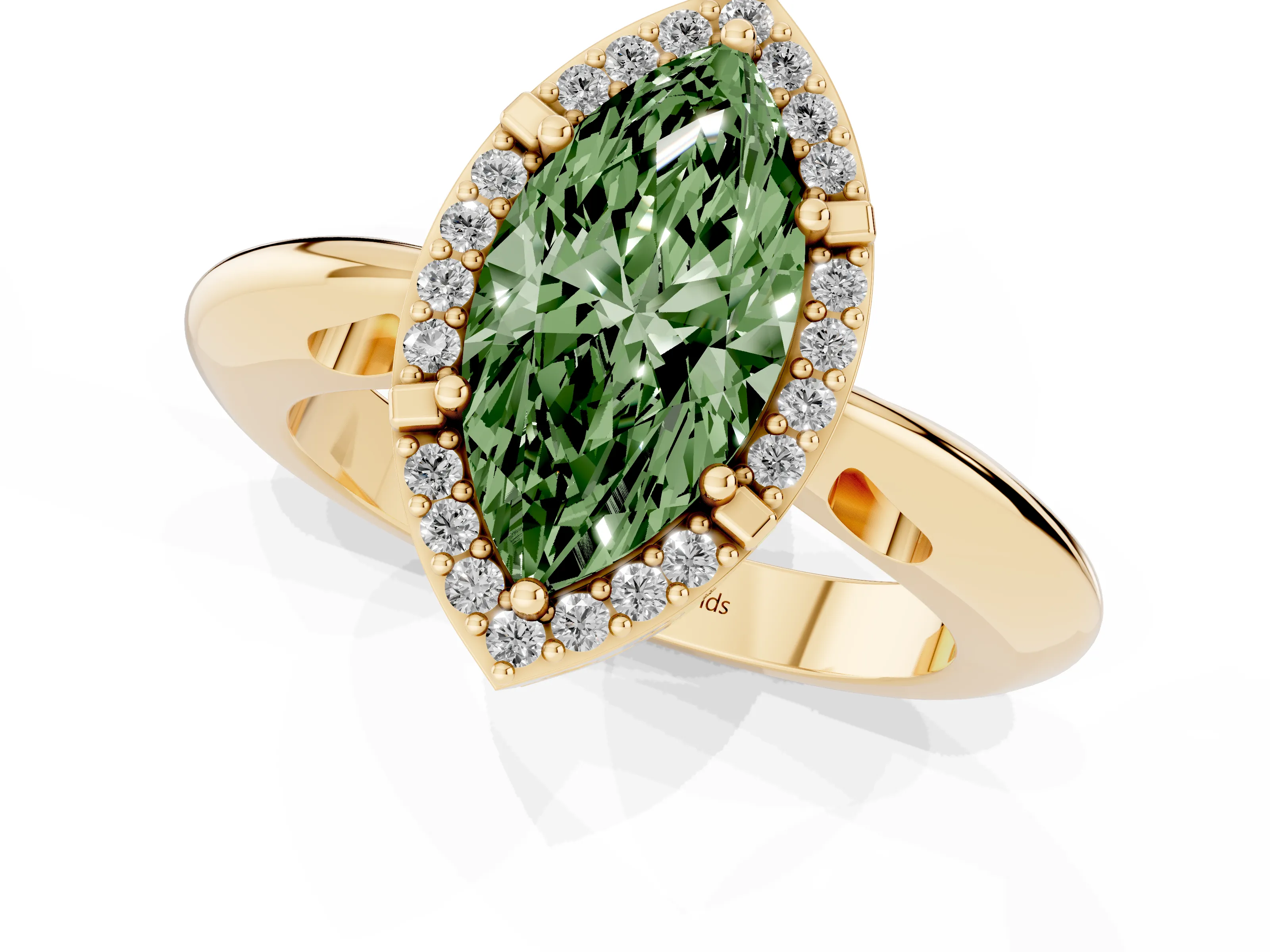Fancy Green Marquise Cut Diamond Halo Engagement Ring Set in Yellow gold with Plain Split Shank and Prong Setting