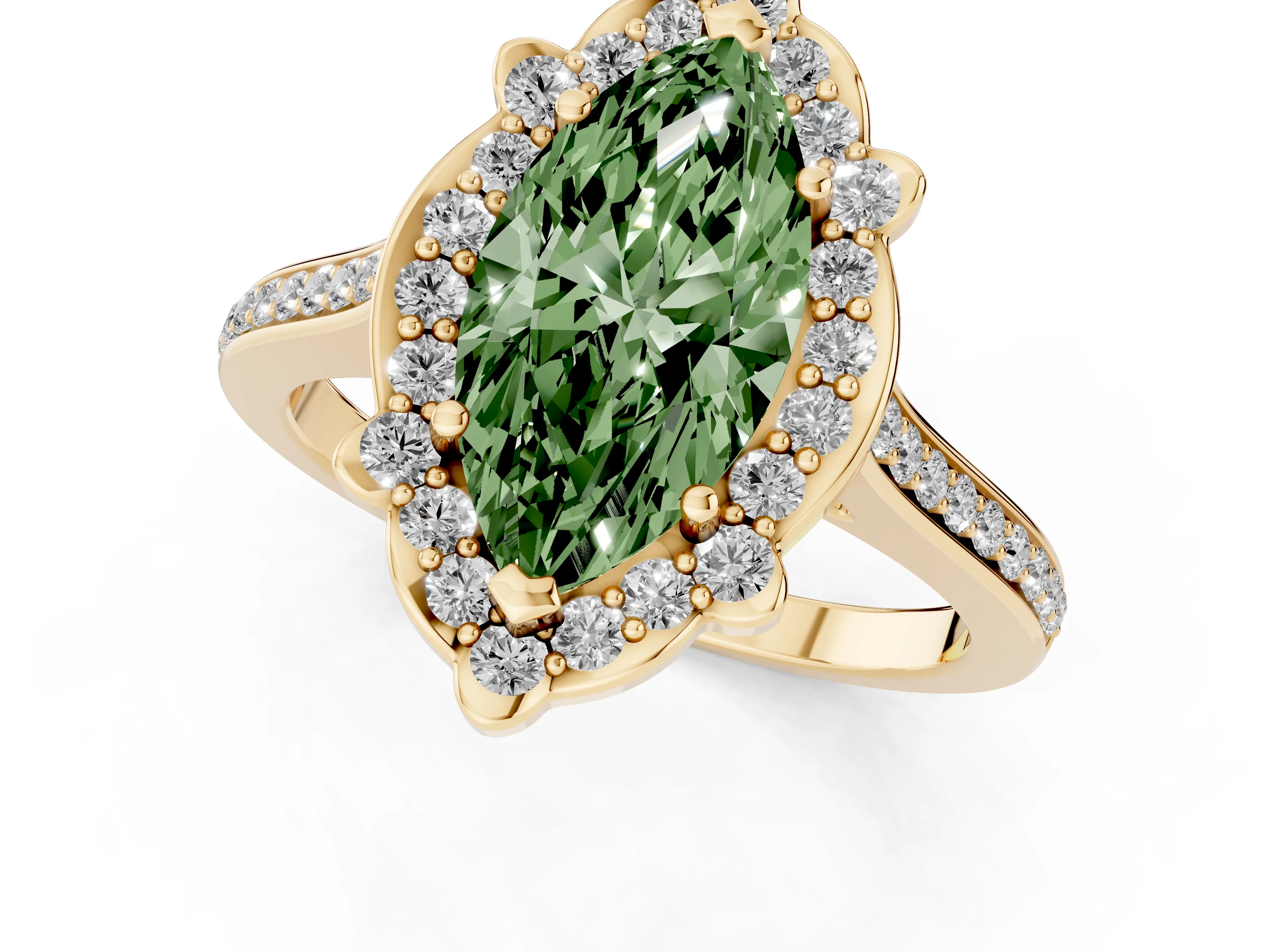 Fancy Green Marquise Cut Diamond Halo Ring Set in Yellow gold with Pavé-Lined Shoulders and Prong Setting