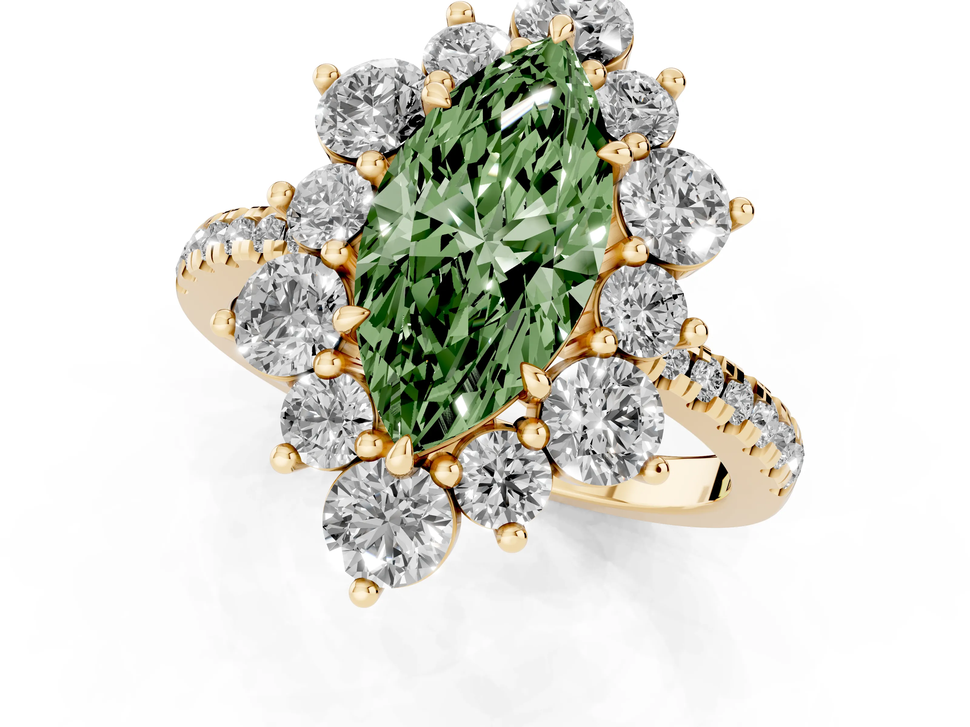 Fancy Green Marquise Cut Diamond Floral Halo Ring Set in Yellow gold with Round Pavé Band and Prong Setting