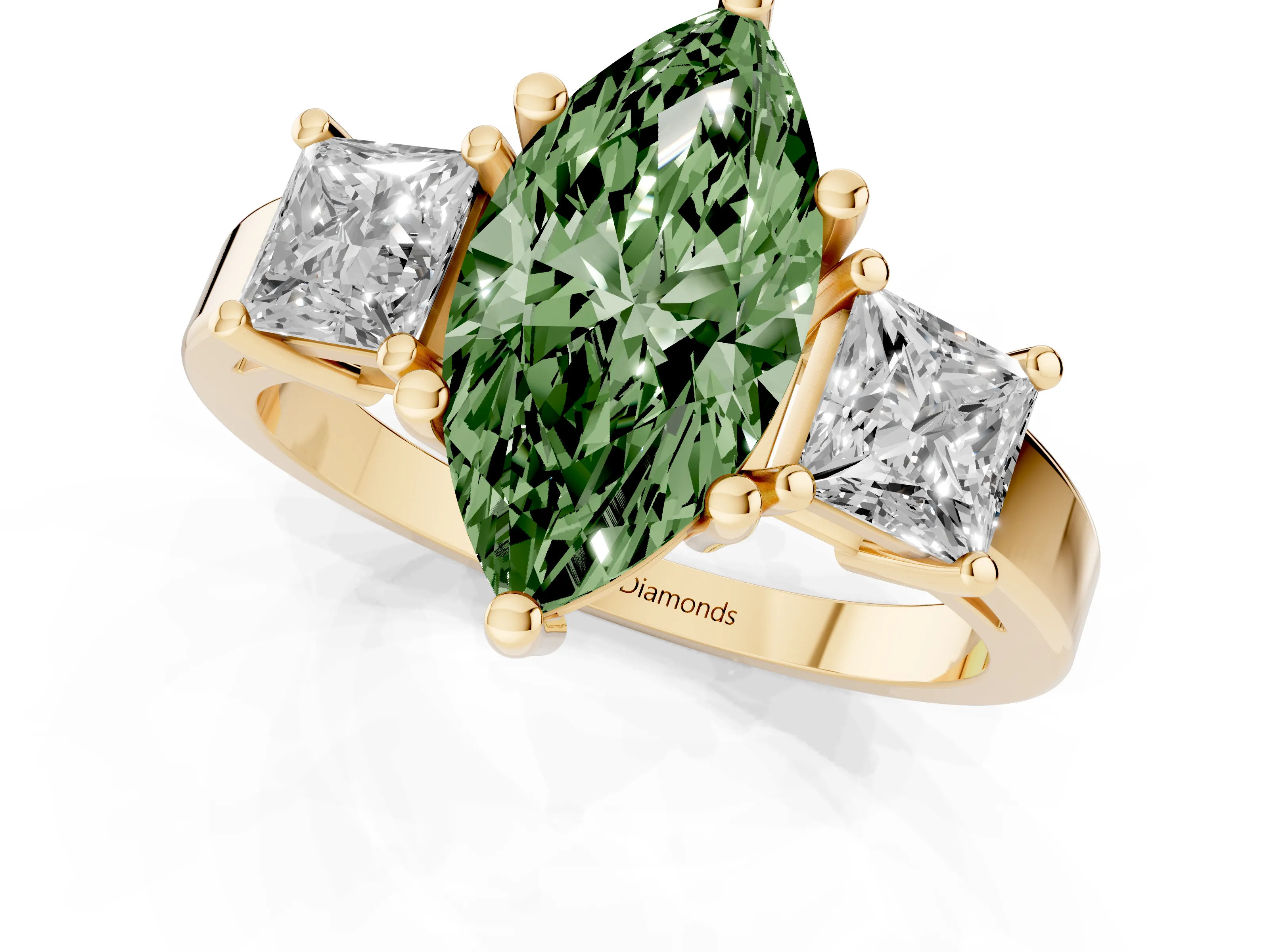 Fancy Green Three-Stone Marquise Cut Diamond Solitaire Ring Set in Yellow gold with Prong Setting
