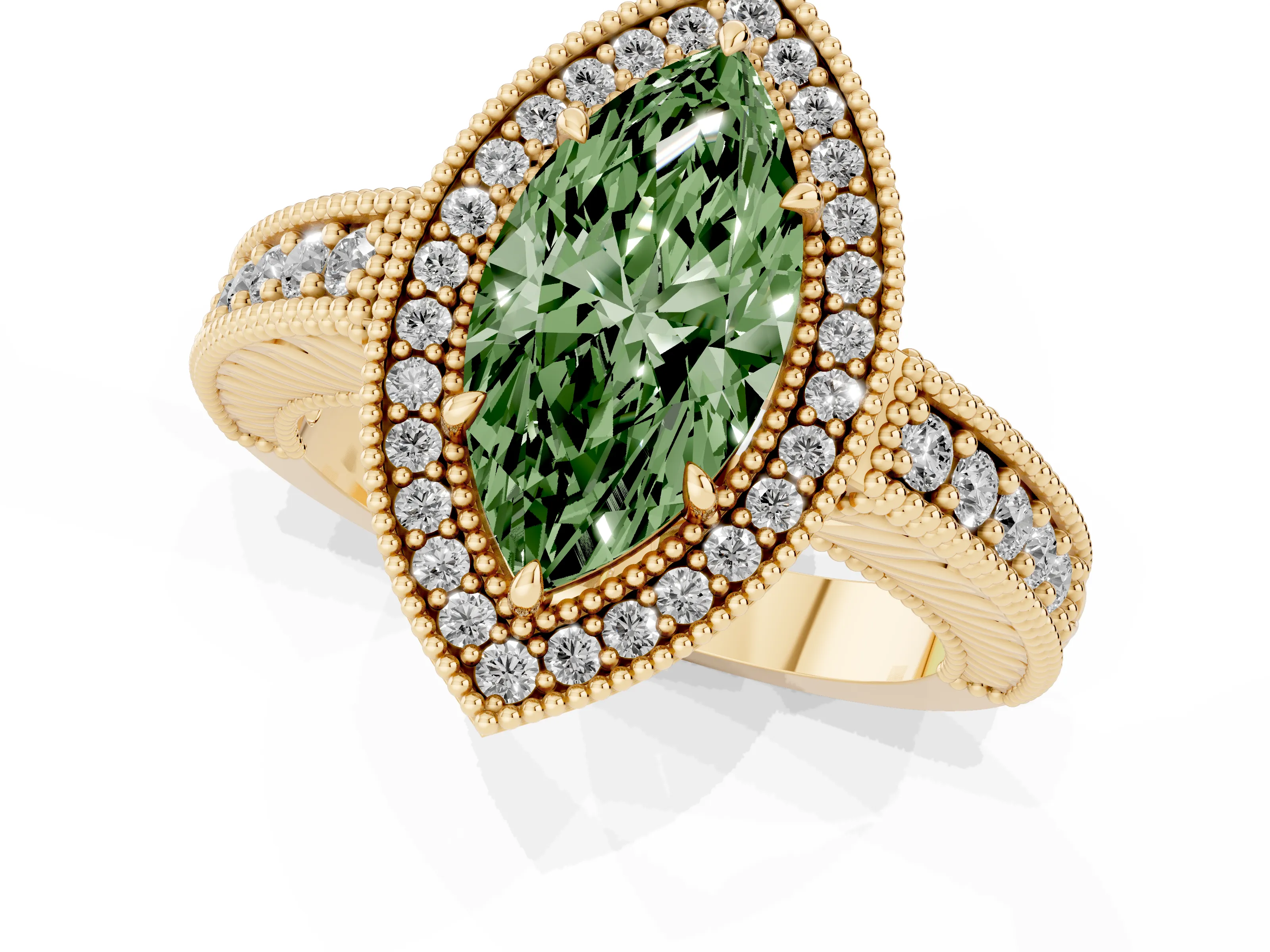 Fancy Green Marquise Cut Diamond Halo Ring Set in Yellow gold with Round Accent Halo, Pavé Band and Prong Setting