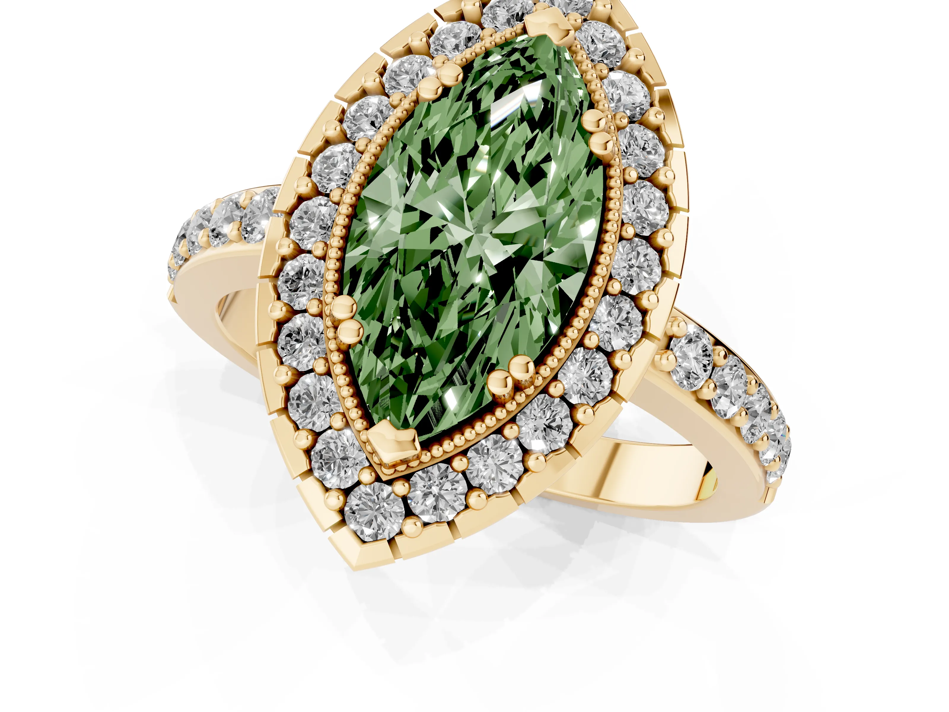 Fancy Green Marquise Cut Diamond Halo Ring Set in Yellow gold with Pavé Shank and Prong Setting