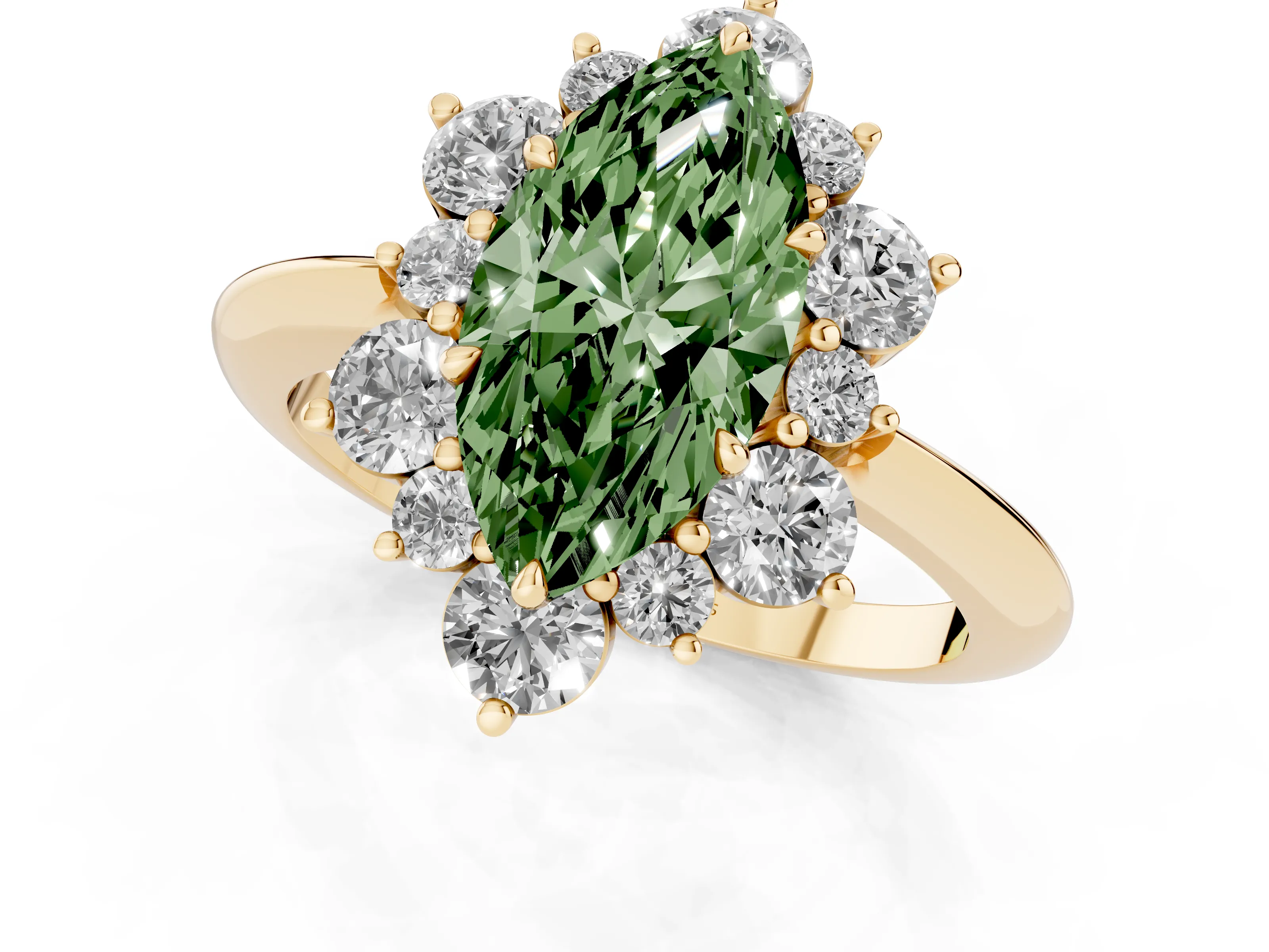 Fancy Green Marquise Cut Diamond Cluster Halo Ring Set in Yellow gold with Solitaire Band and Prong Setting