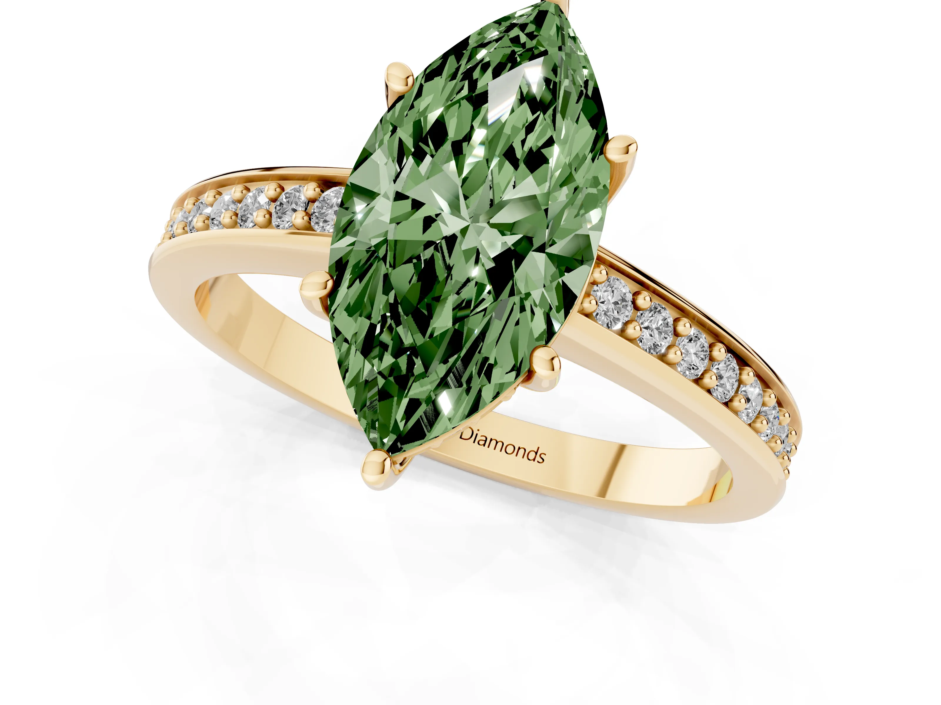 Fancy Green Marquise Cut Diamond Pavé Band Prong Set Solitaire Ring Set in Yellow gold