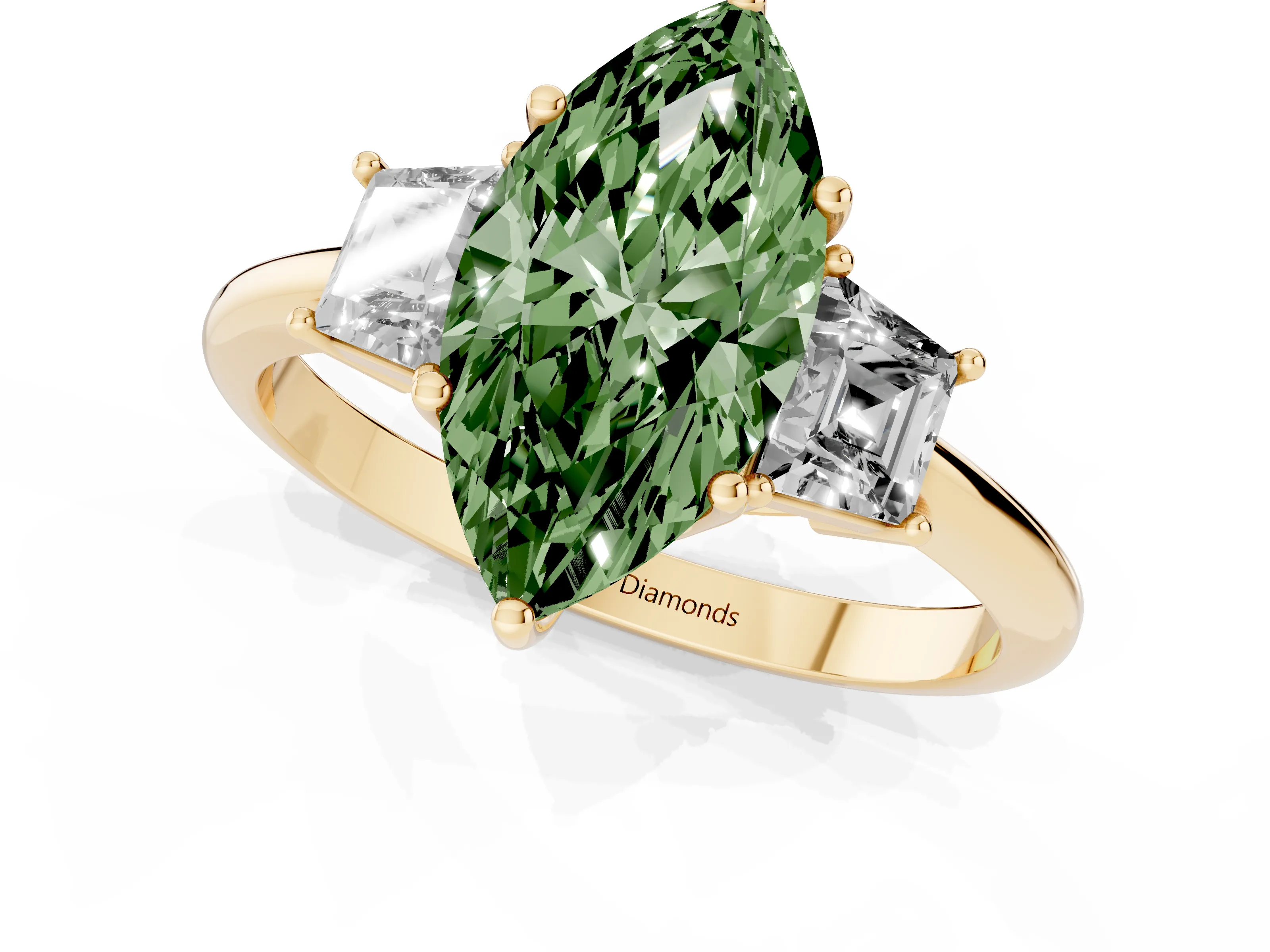 Fancy Green Marquise Cut Diamond Three-Stone Ring Set in Yellow gold with Trapezoid Side Stones and Prong Setting