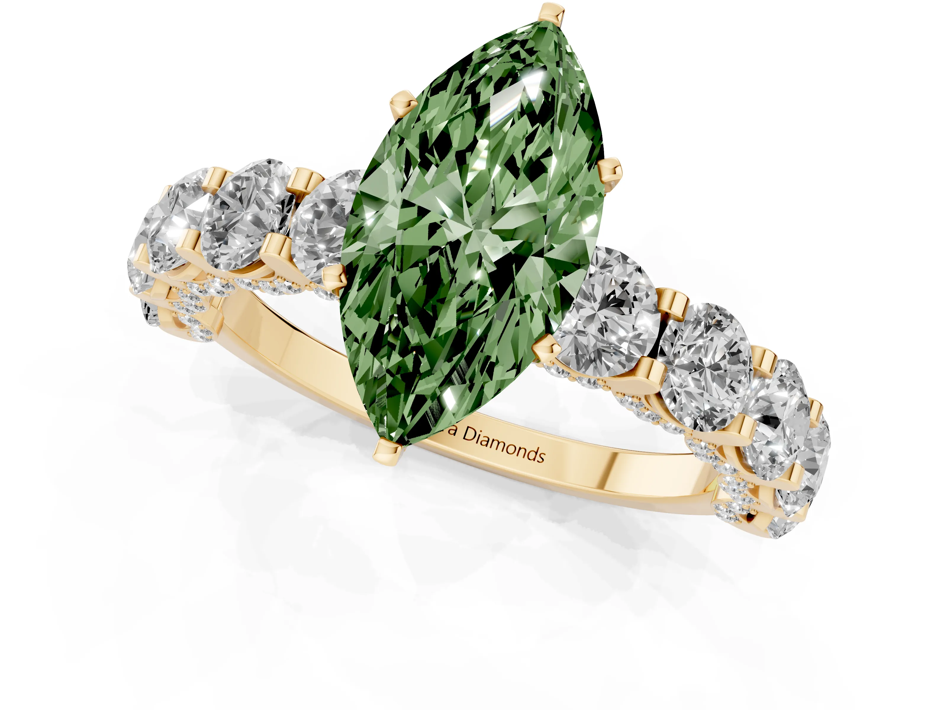 Fancy Green Marquise Cut Diamond Side Stone Ring Set in Yellow gold with Alternating Round and Oval Side Stones