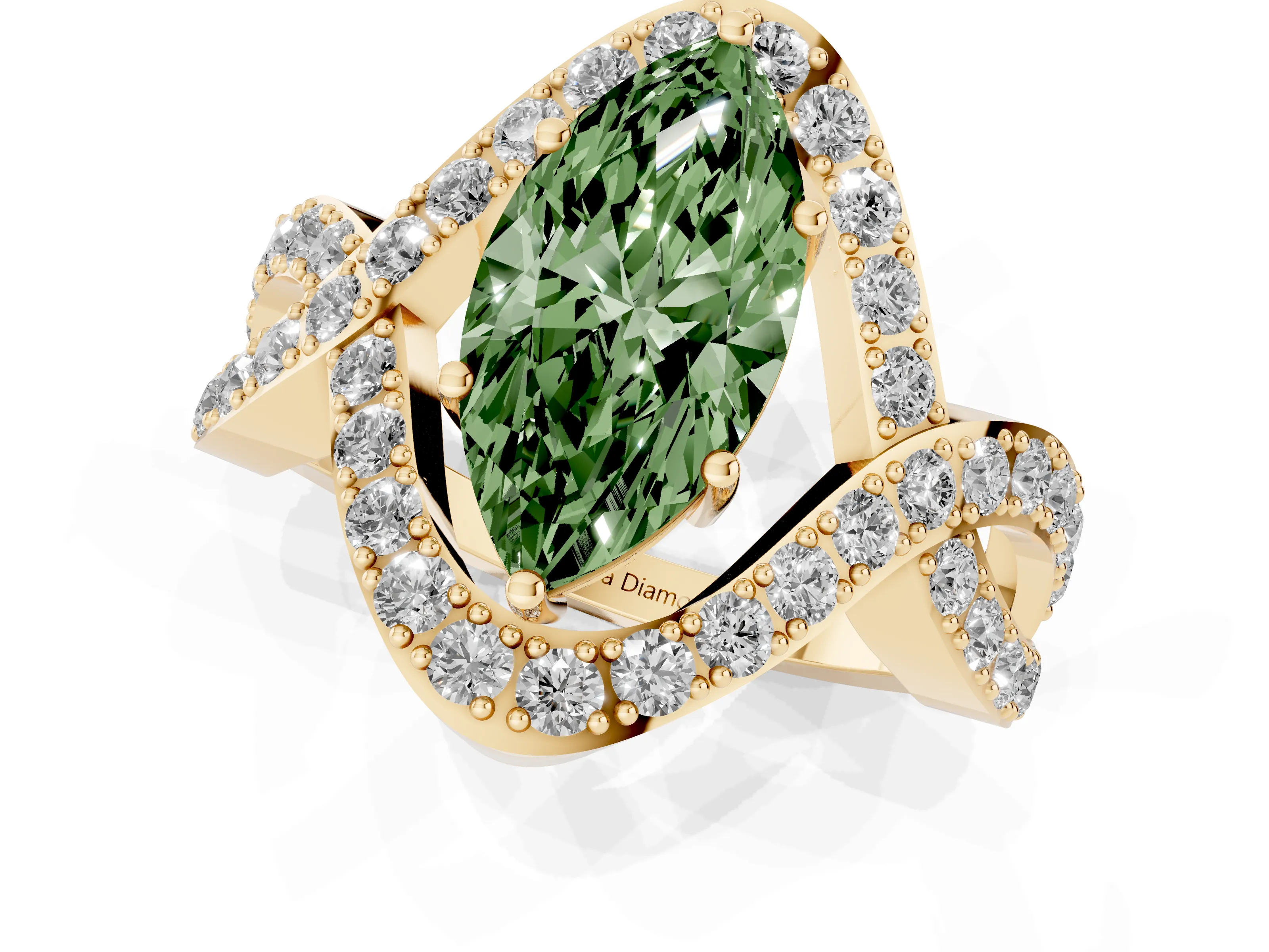 Fancy Green Marquise Cut Diamond Solitaire Twist Band Pavé Engagement Ring Set in Yellow gold