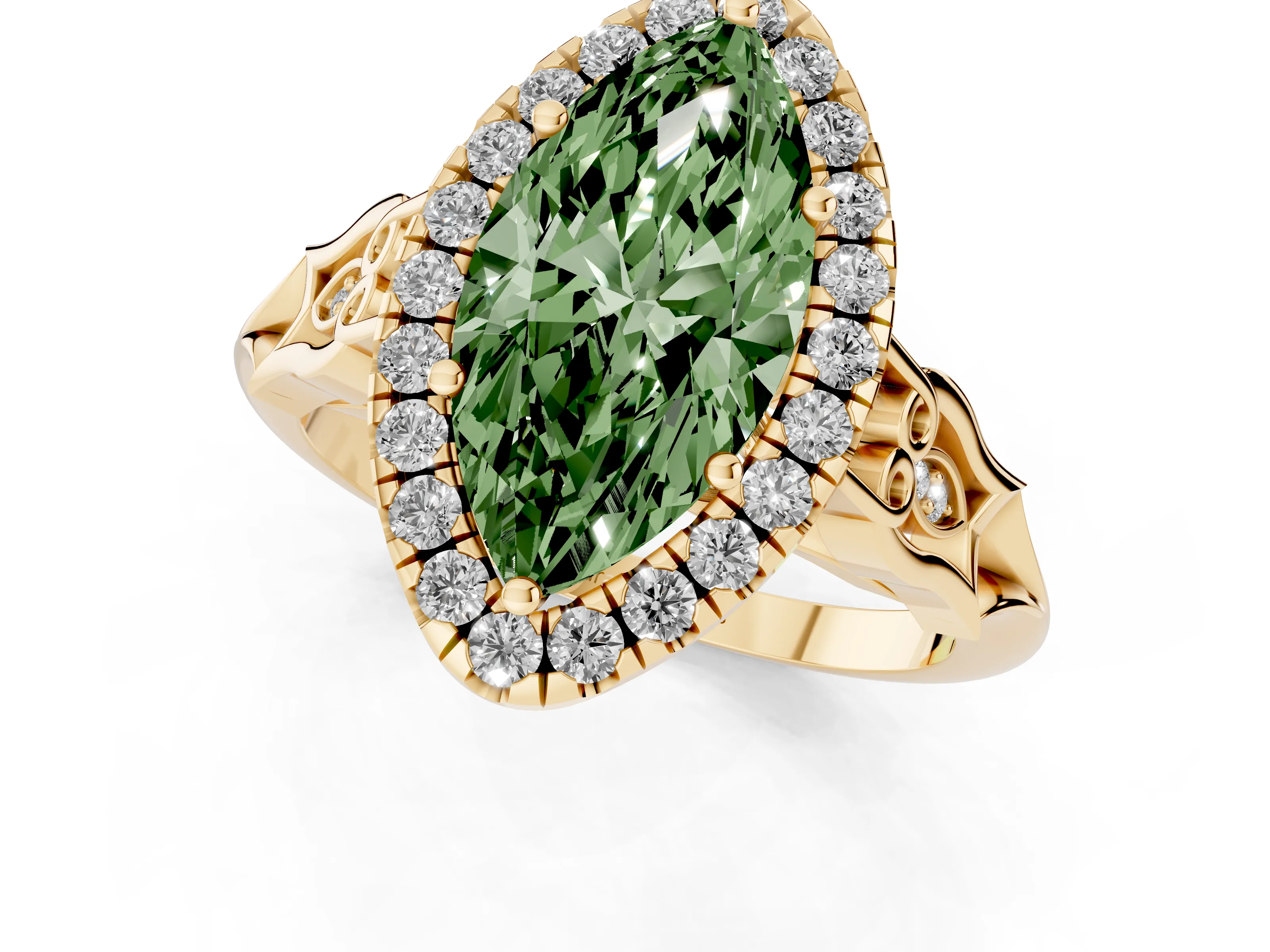 Fancy Green Marquise Cut Diamond Halo Engagement Ring Set in Yellow gold with Filigree Band and Prong-Set Center