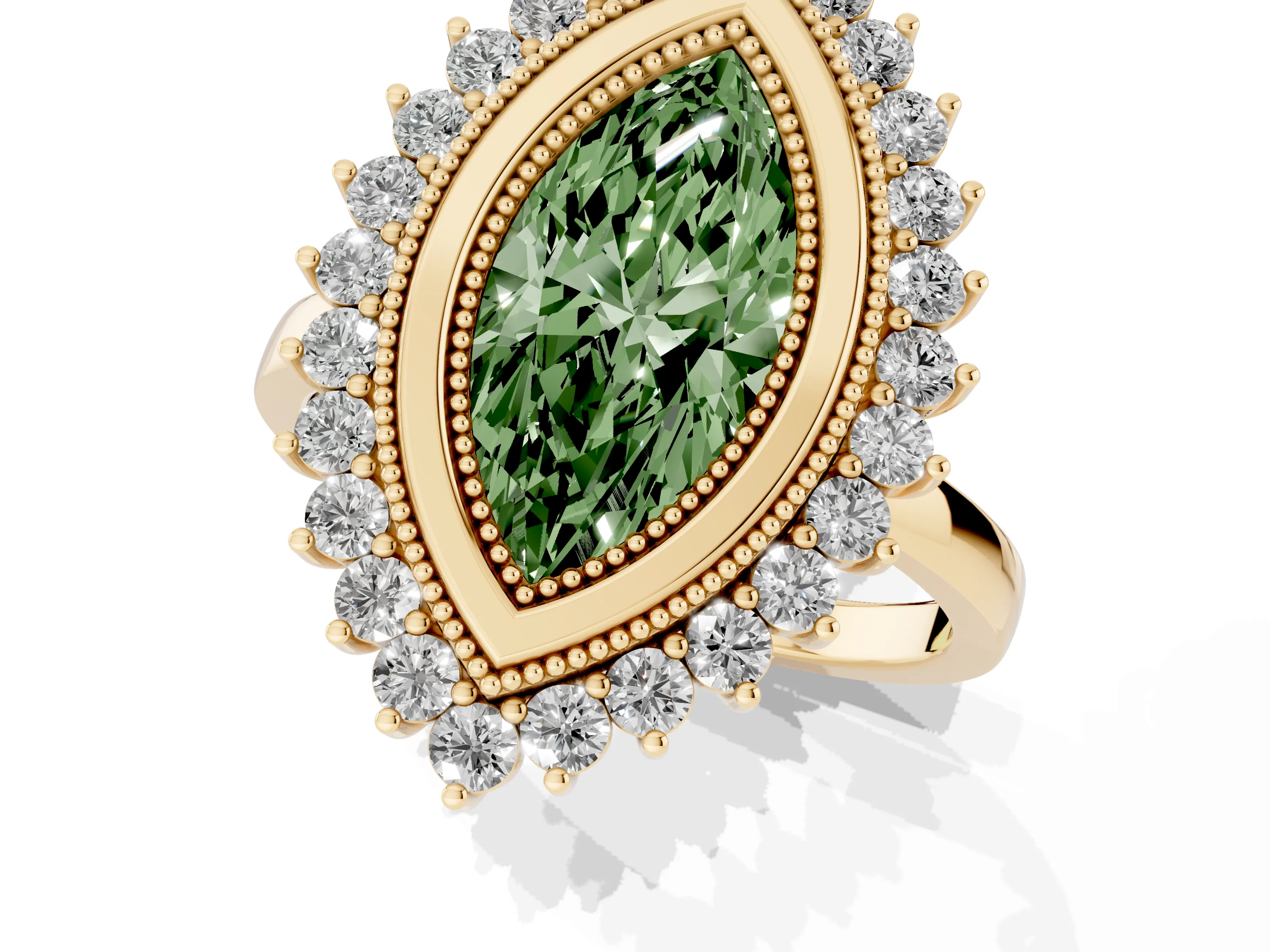 Fancy Green Marquise Cut Diamond Halo Ring Set in Yellow gold with Milgrain Edge and Round Prong Setting