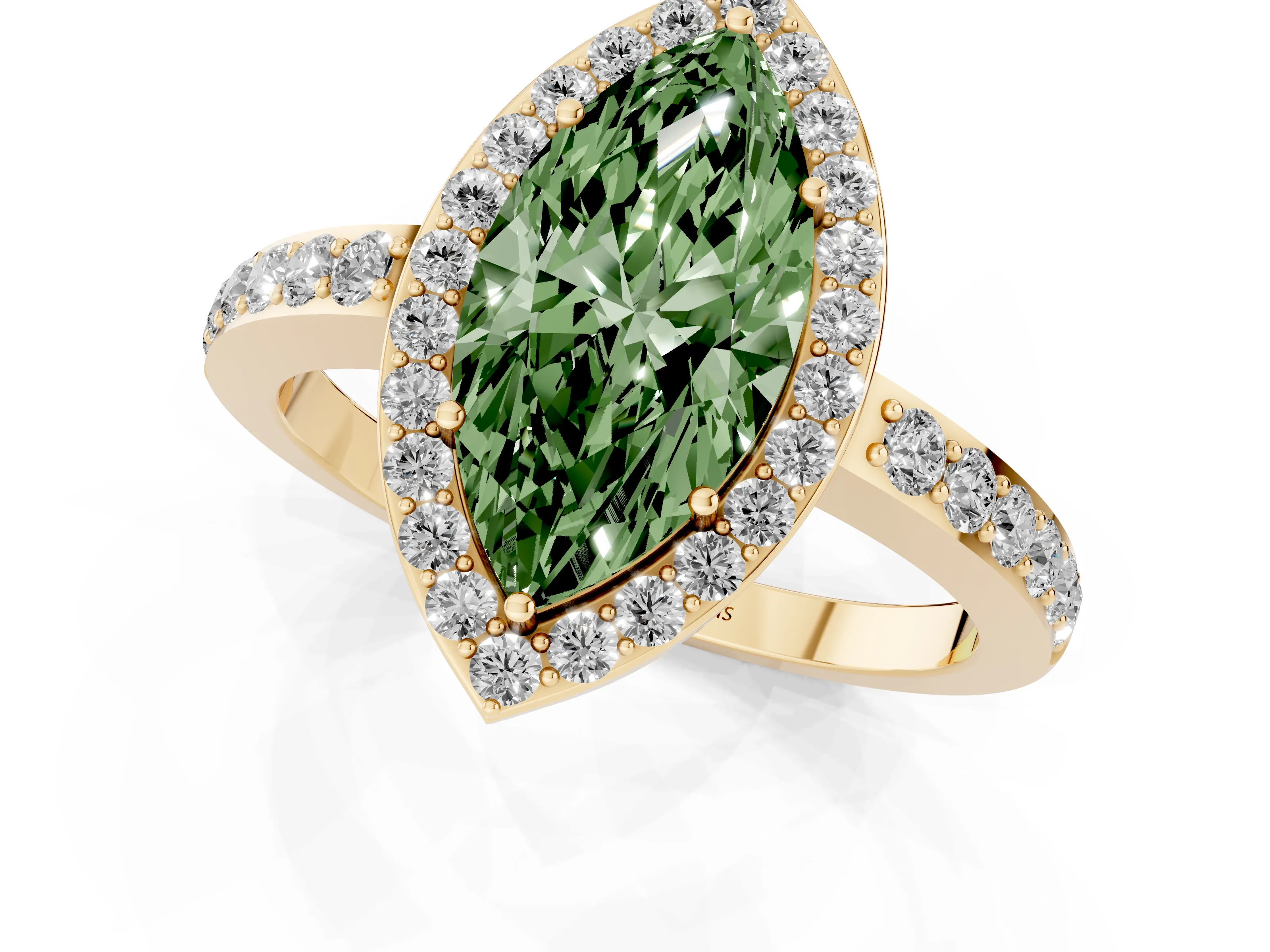 Fancy Green Marquise Cut Diamond Halo Ring Set in Yellow gold with Pavé-Setting Band and Open Prong Center