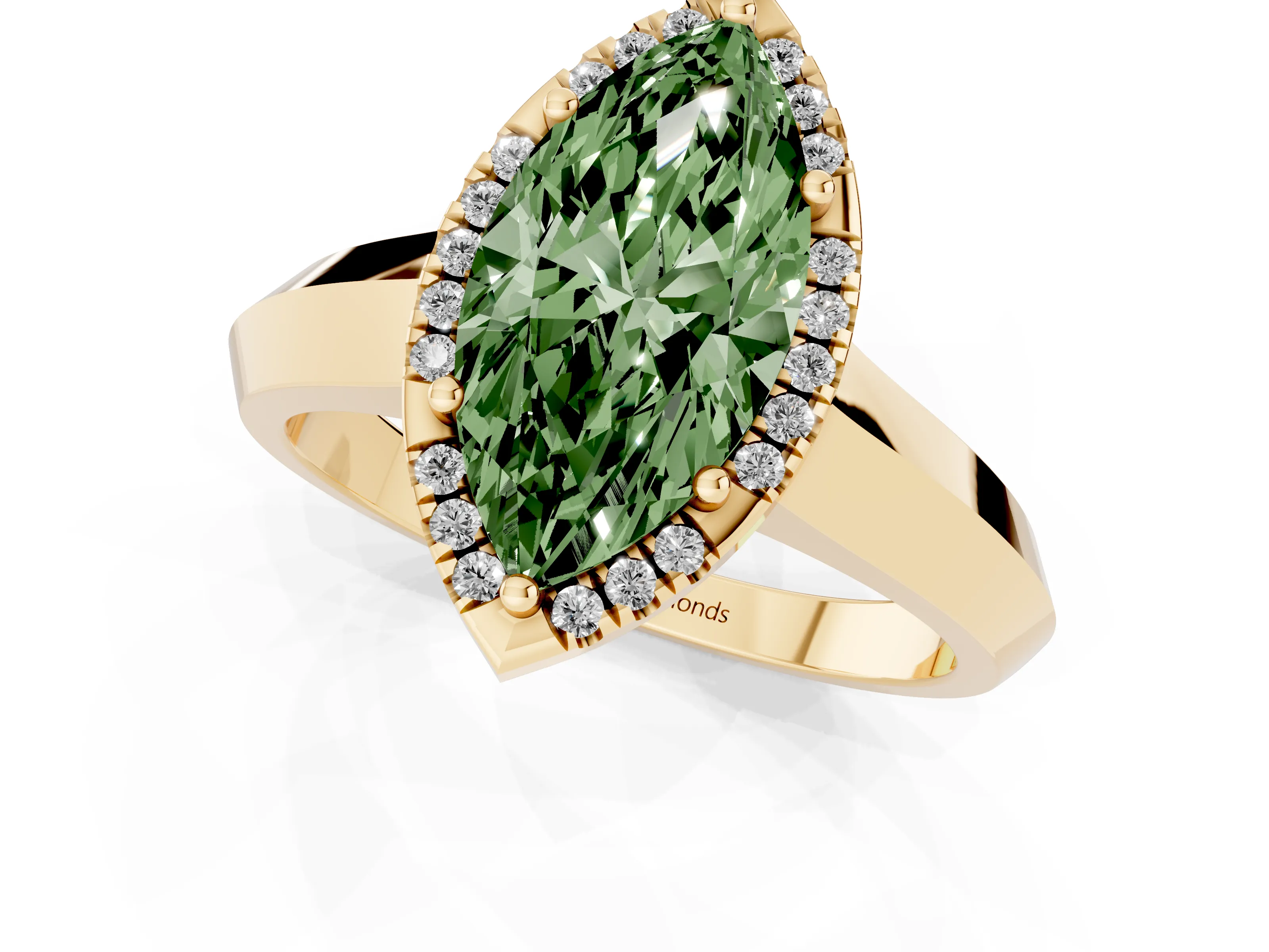 Fancy Green Marquise Cut Diamond Halo Ring Set in Yellow gold with Cathedral Band and Prong Setting