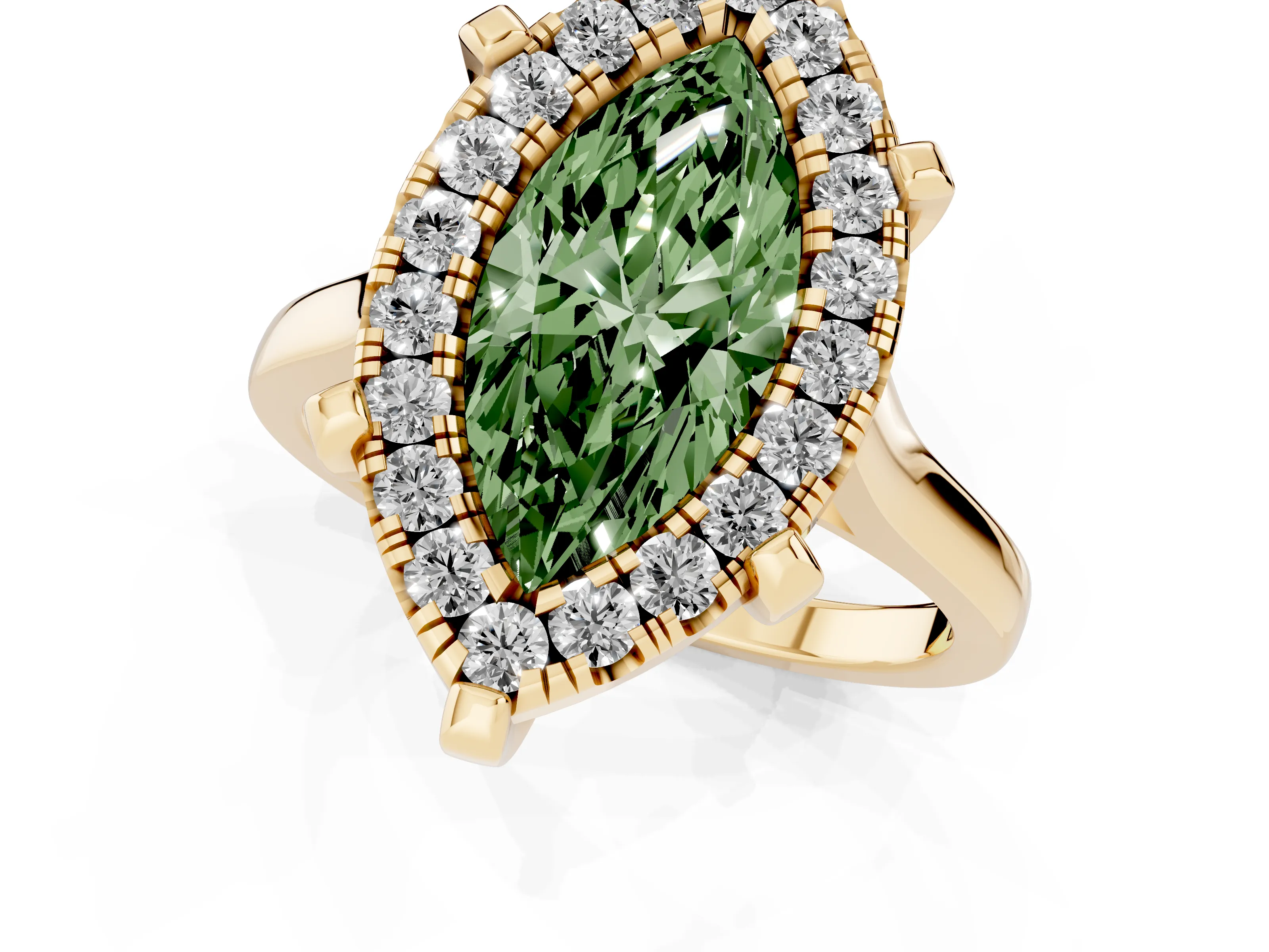 Fancy Green Marquise Cut Diamond Cluster Halo Solitaire Ring Set in Yellow gold with Prong Setting