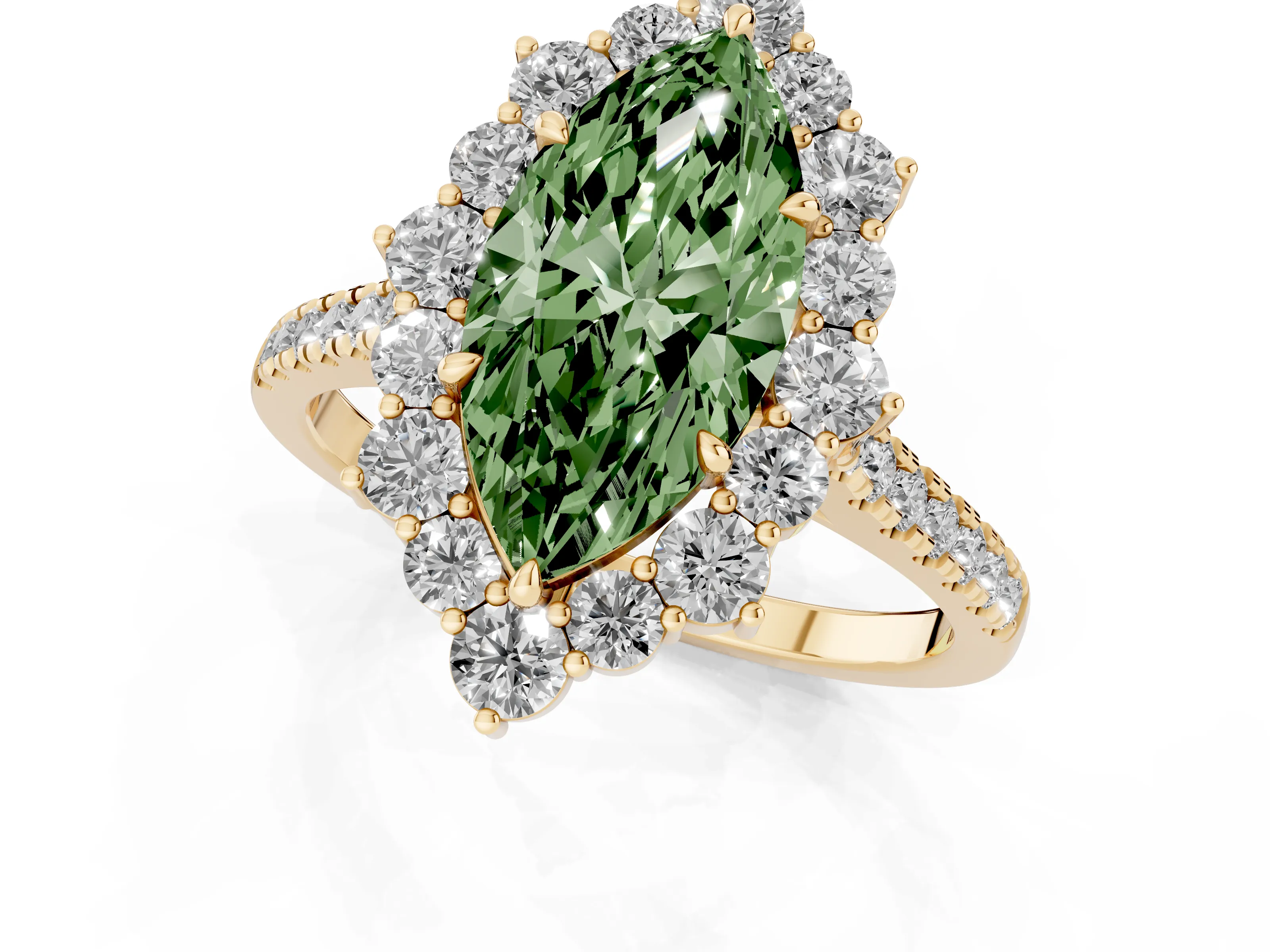 Fancy Green Marquise Cut Diamond Halo Ring Set in Yellow gold with Pavé Band and Prong Setting
