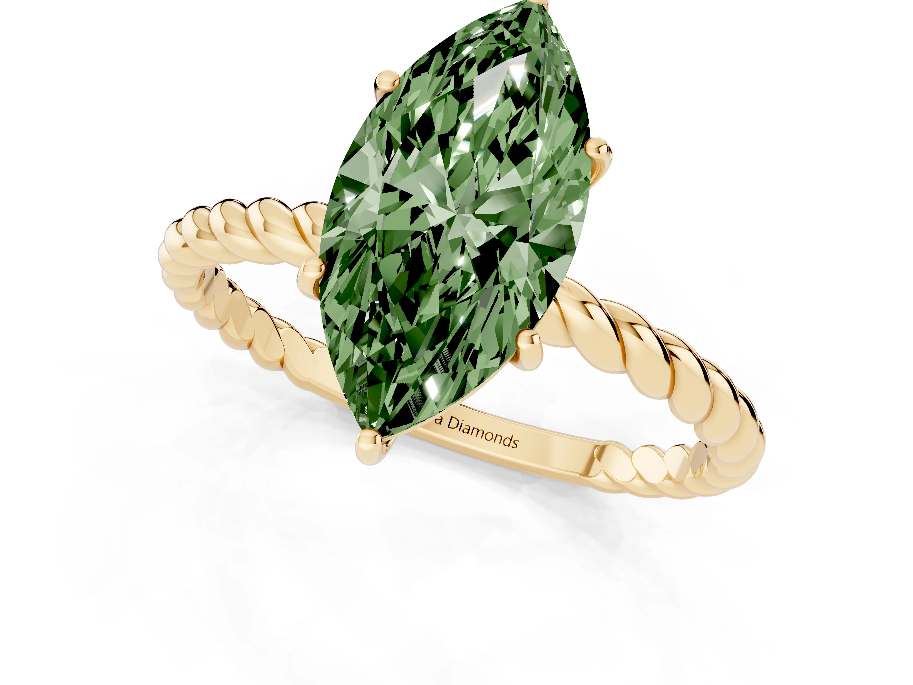 Fancy Green Marquise Cut Diamond Solitaire Ring Set in Yellow gold with Twist Band and Prong Setting