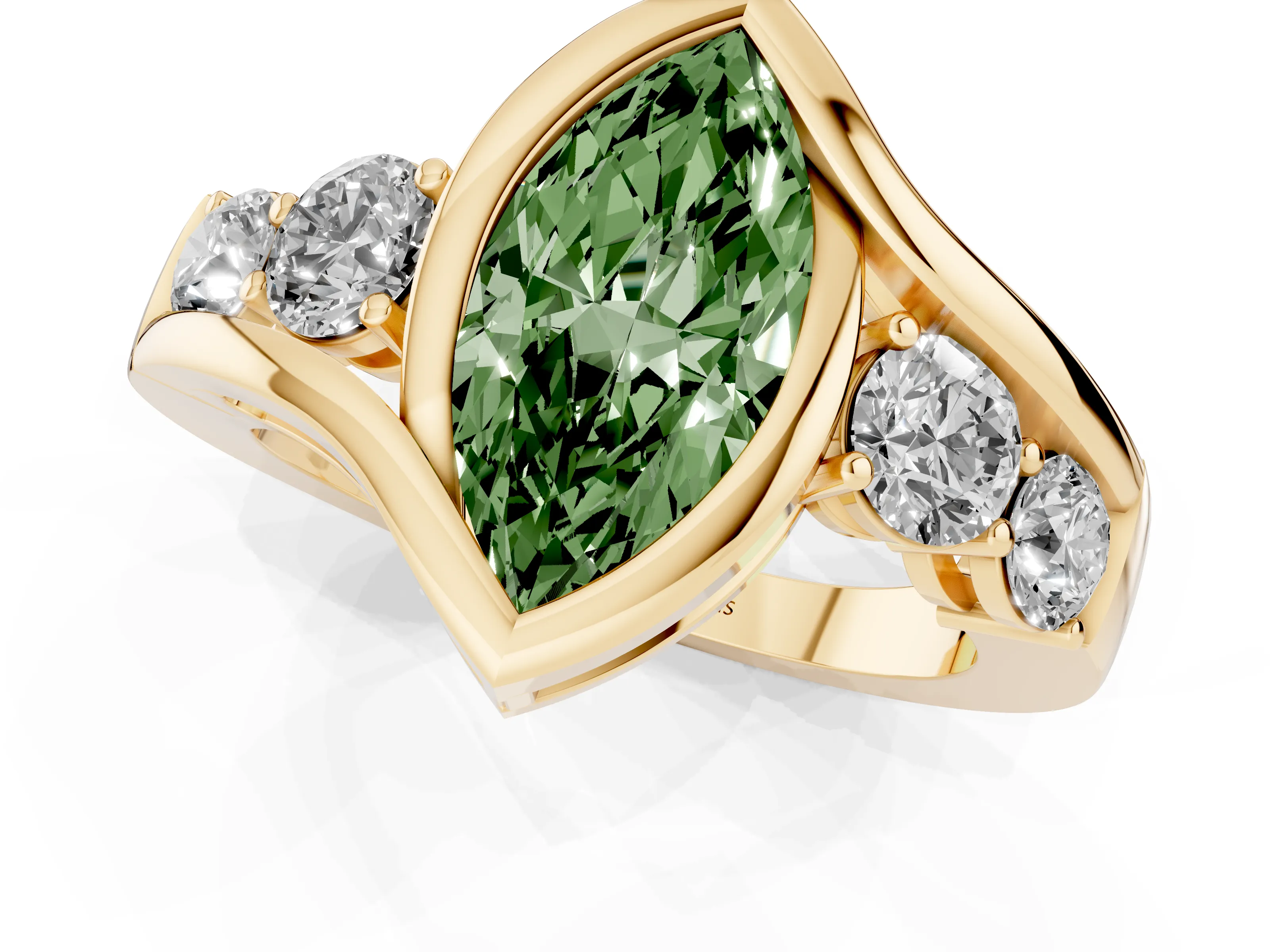 Fancy Green Marquise Cut Diamond Bezel Bypass Ring Set in Yellow gold with Round Accents